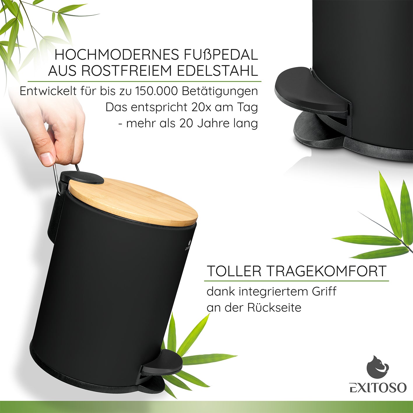 Tretmülleimer mit Softclose-Deckel - 3 l - Schwarz mit Bambusdeckel, Fußpedal und praktischem Griff für komfortable Nutzung.