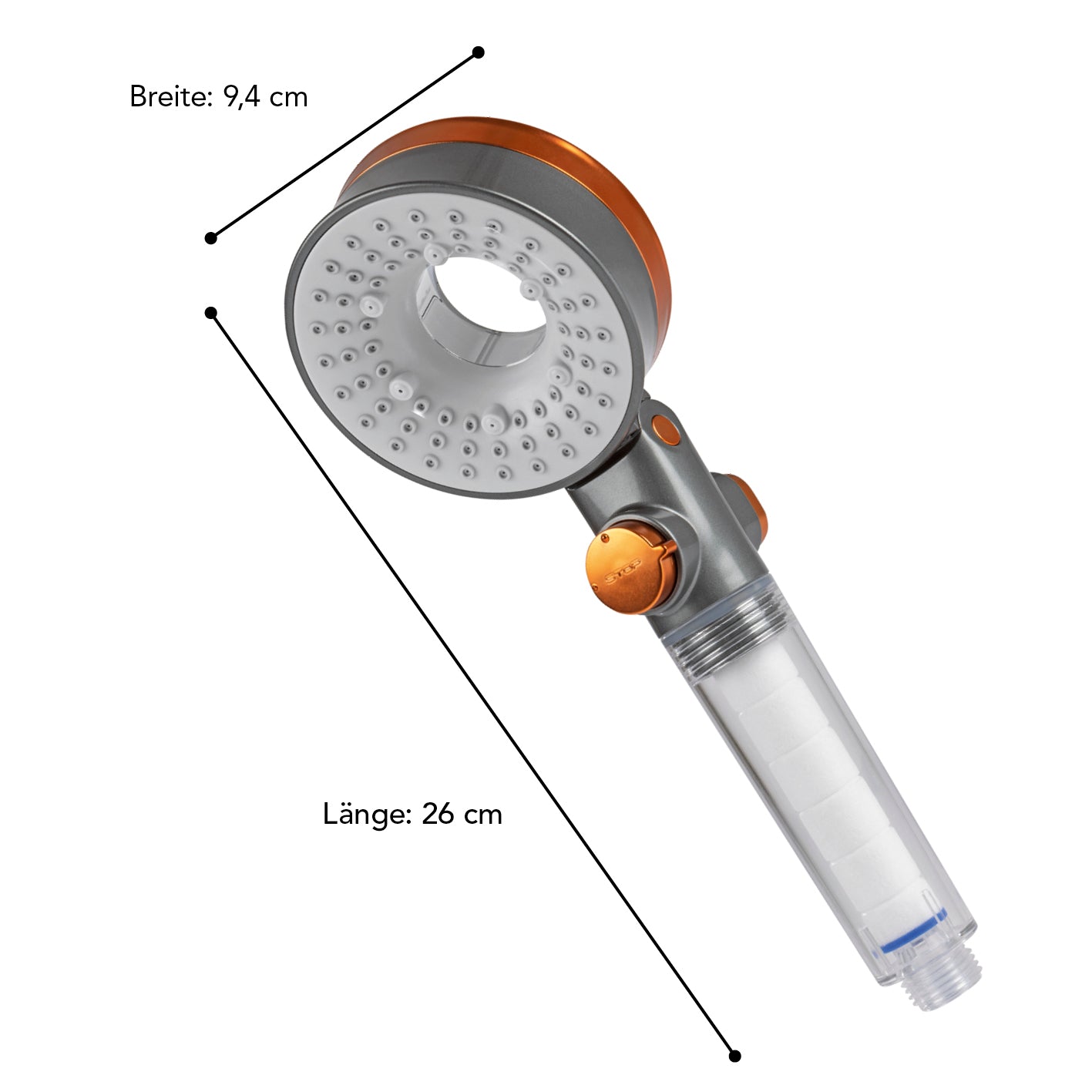 Duschkopf „Water-Control“ mit Spar- & Stopp-Funktion, 3 Strahl-Modi und doppelseitiger Wasserausgabe, Länge 26 cm, Breite 9,4 cm.