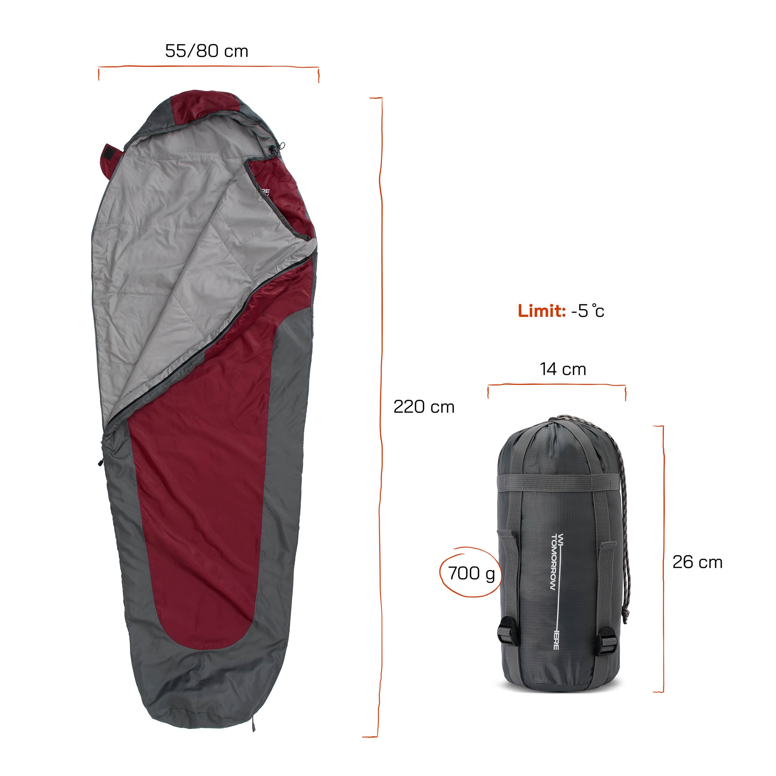 Camping Schlafsack Small & Light - Mumienschlafsack Rot-Grau, 220x80x50 cm, wasserabweisend, inklusive Packsack und Kissenfach.