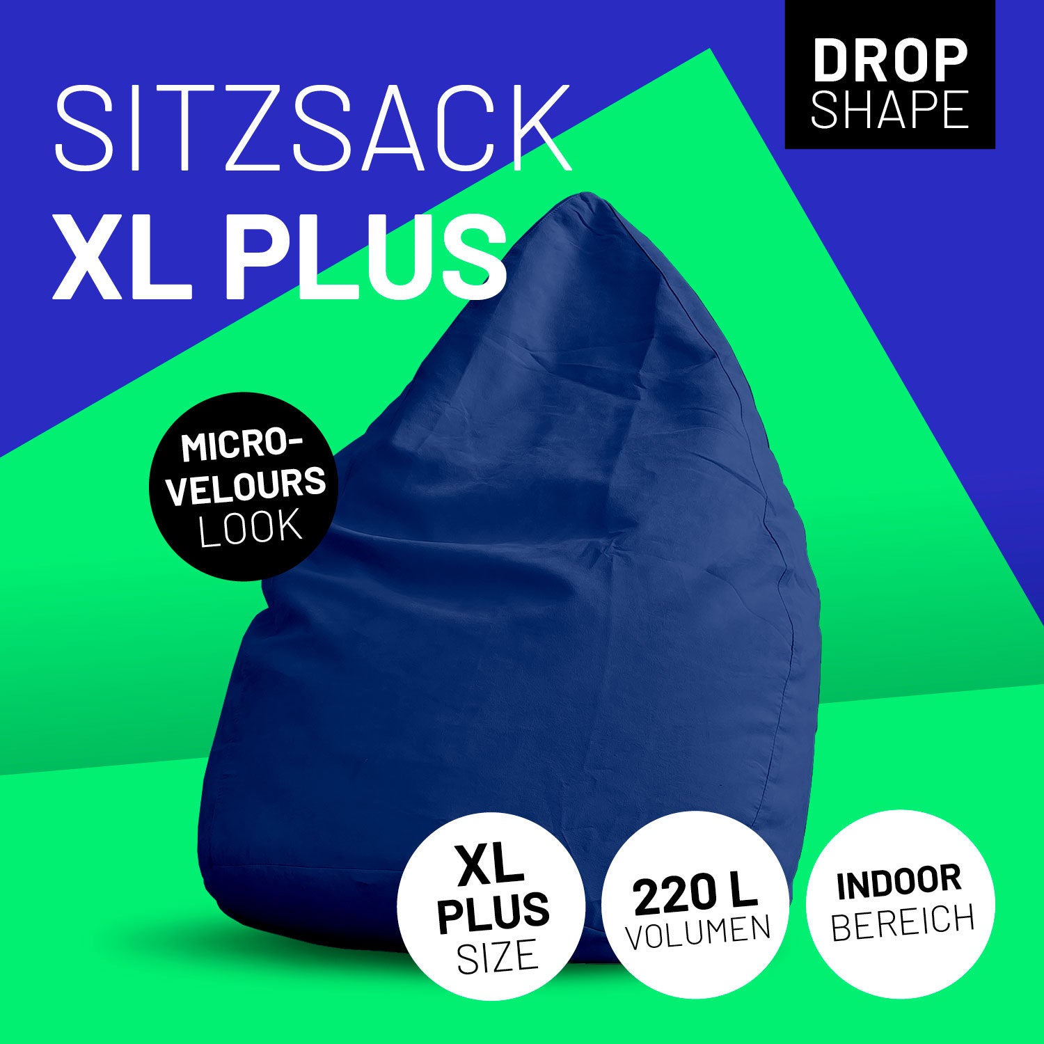 Luxury XL PLUS Sitzsack (220 L) Royalblau, indoor, mit formangepasster EPS Füllung und Micro-Velours-Bezug für optimalen Sitzkomfort.