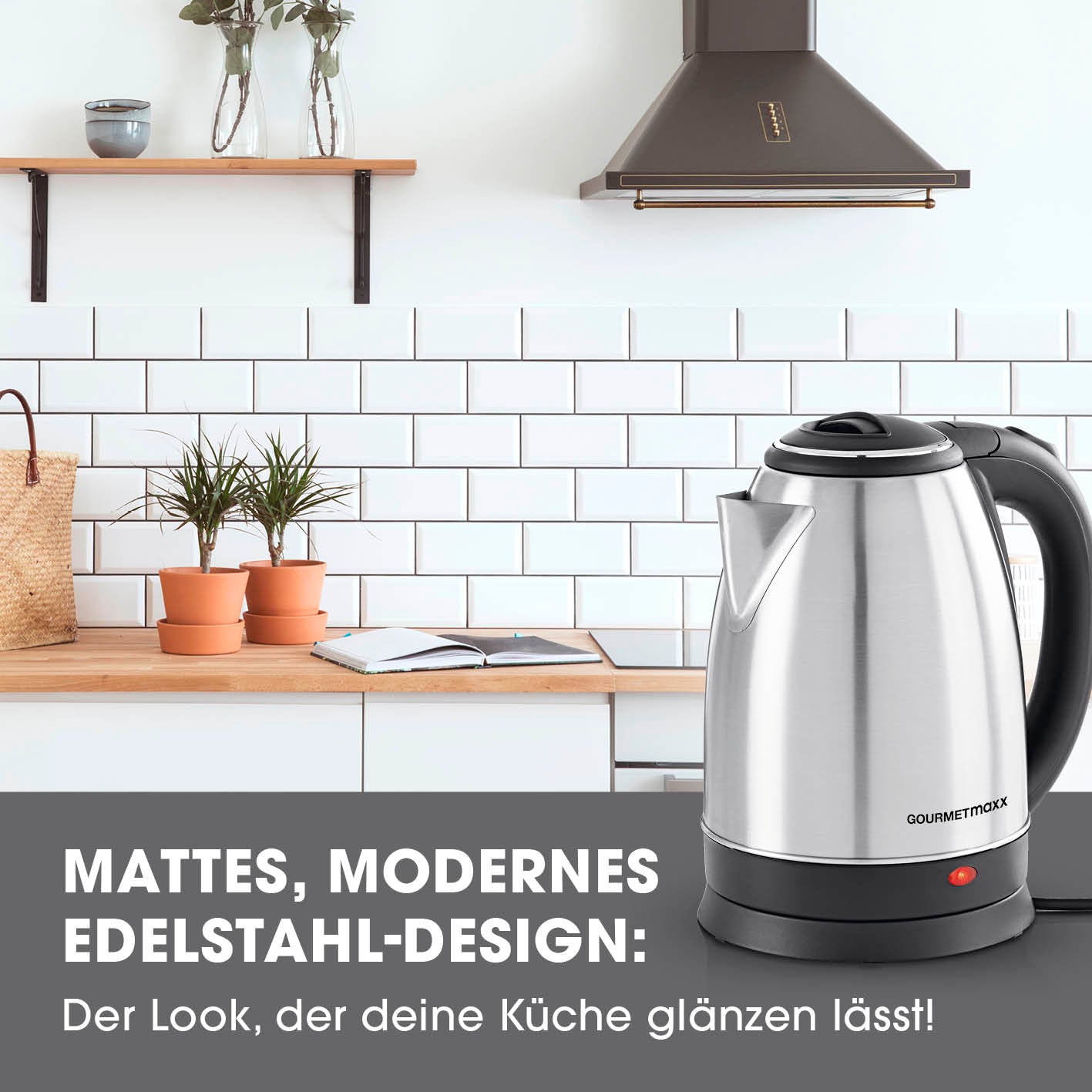 Wasserkocher - 1,8l - Edelstahl mit mattem Edelstahl-Look, 360° Basisstation, Wasserstandsanzeige und bis zu 15 Tassen Kapazität.