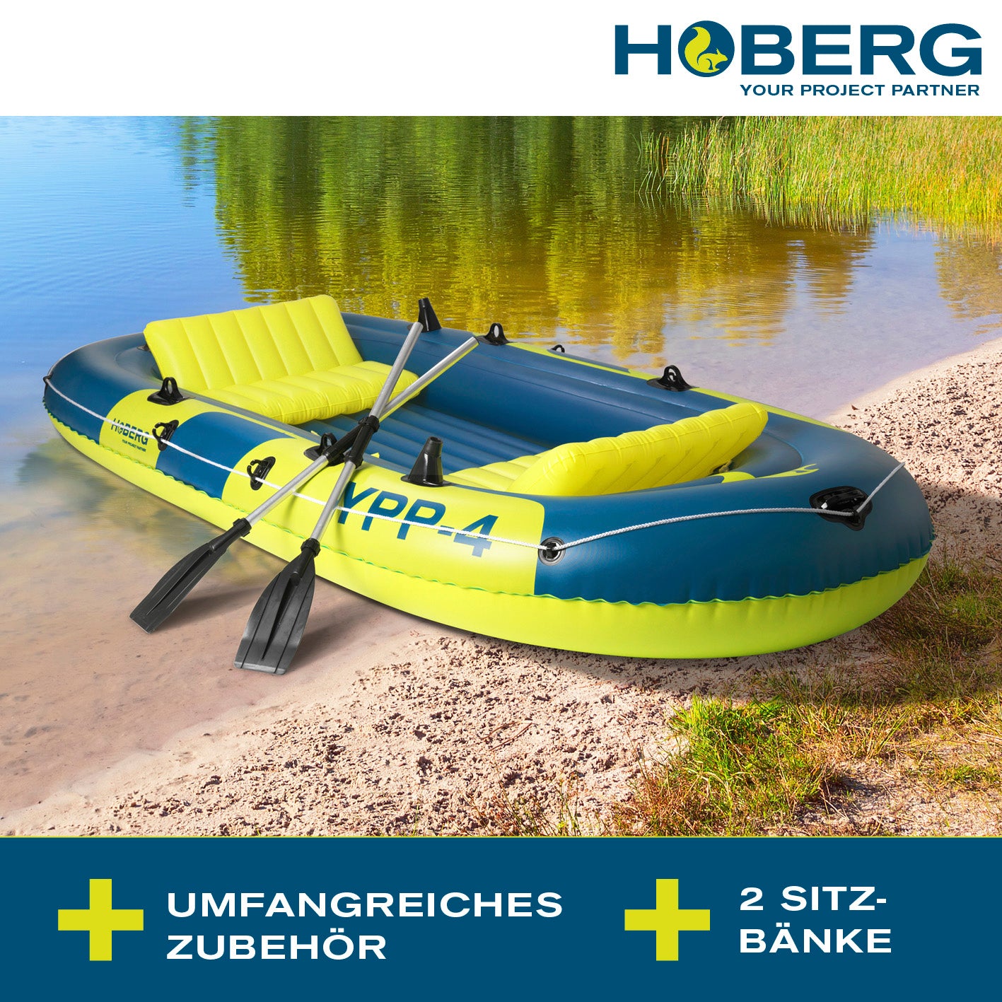 4-Sitzer Schlauchboot "YPP-4" aufblasbar, mit 2 Sitzbänken, umfangreichem Zubehör, für bis zu 4 Personen, ideal für Ausflüge auf dem Wasser.