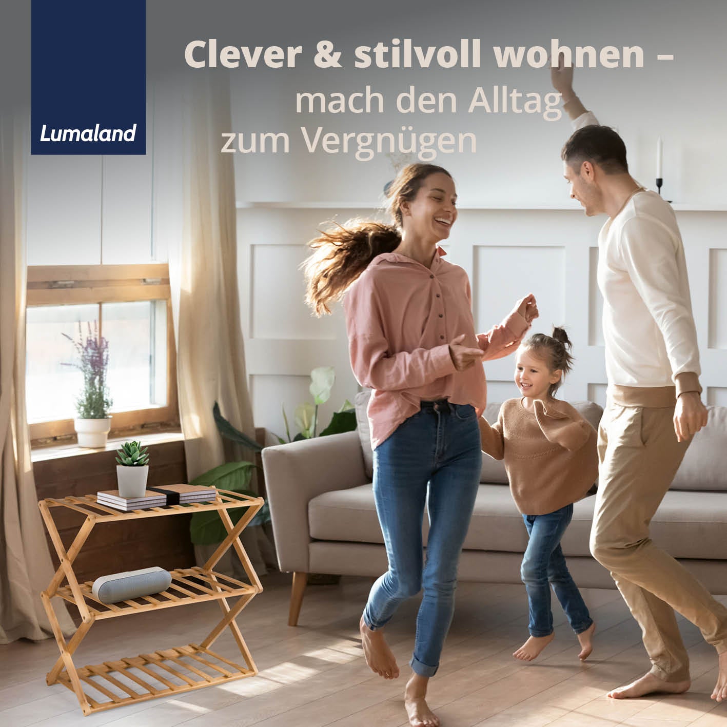 Bambusregal mit 3 Etagen von Lumaland, faltbar, platzsparend, aus 100% Bambus, ideal für Schuhe, Badartikel und Deko im Wohnbereich.