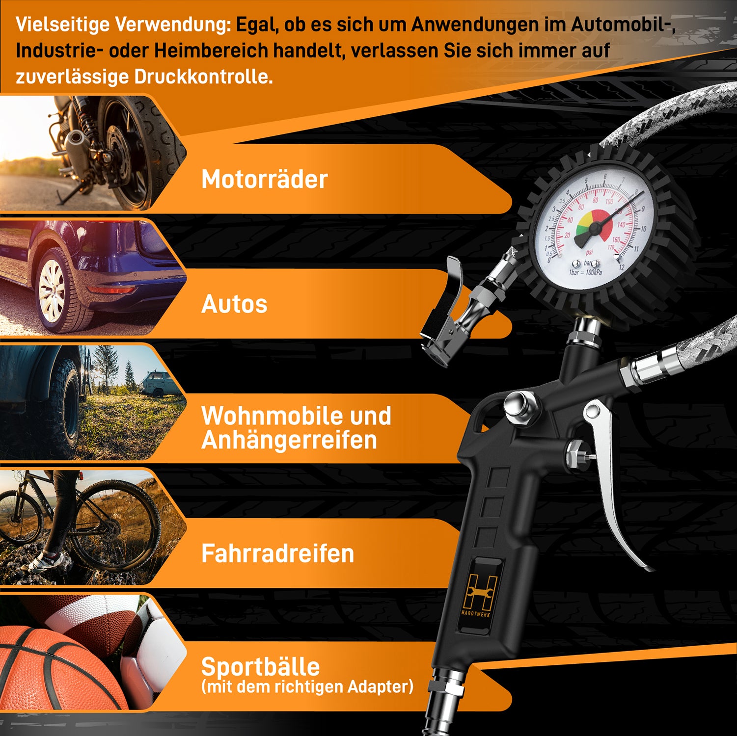 Reifendruckprüfer für Motorräder, Autos, Wohnmobile, Fahrräder und Sportbälle mit zuverlässiger Druckkontrolle.