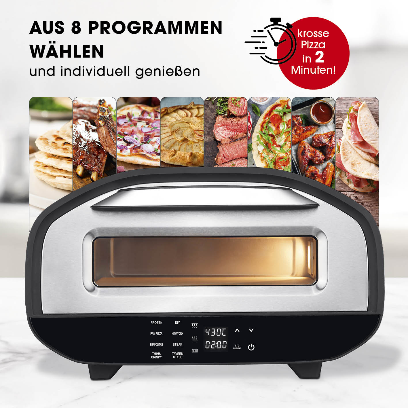 Elektro-Pizzaofen mit Pizzaheber von GOURMETmaxx mit 8 Programmen und 1700 Watt für knusprige Pizza in 2 Minuten.