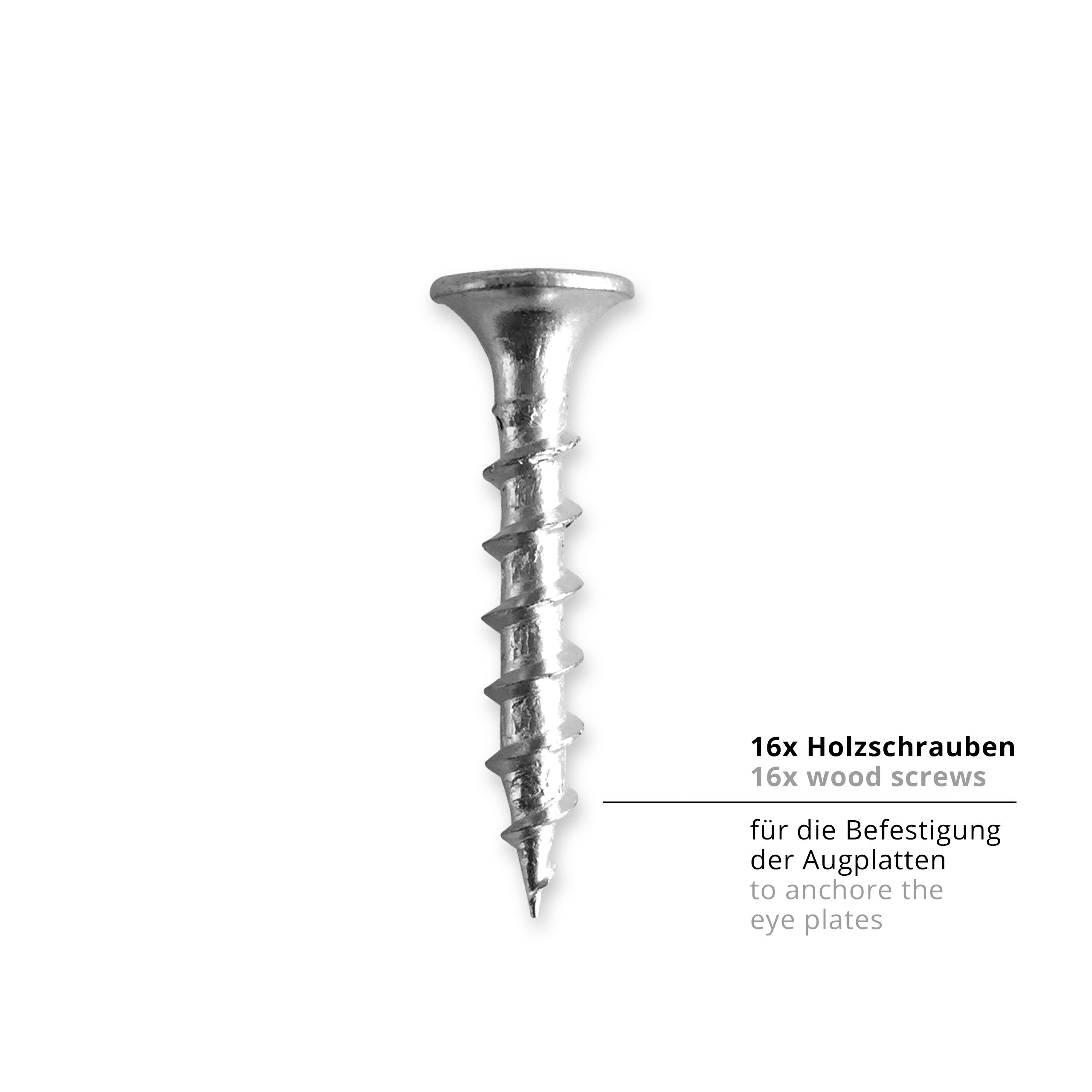 Befestigungsset - Fixierungsset für Sonnensegel mit 16 rostfreien Holzschrauben zur sicheren Befestigung der Augplatten.