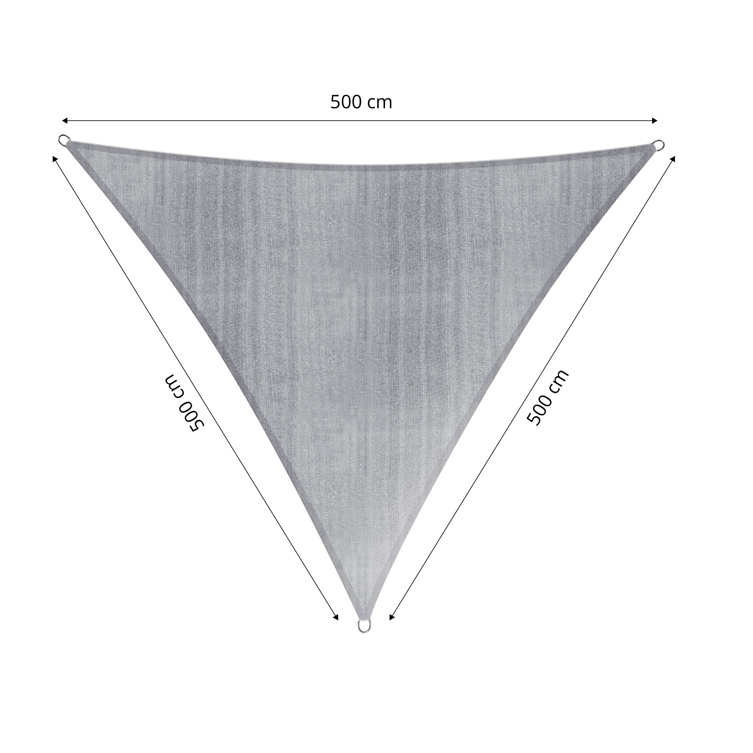 Hellgraues Sonnensegel 100% HDPE mit Stabilisator, dreieckig 5x5x5 Meter, UV-Schutz, inklusive Befestigungsösen.