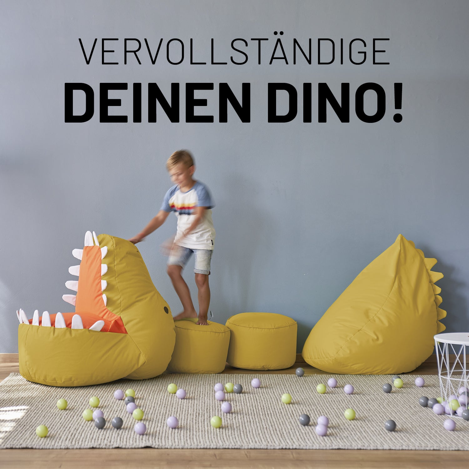 Kindersitzsack-Set "Dino" (2-tlg.) in Senfgelb, wasserabweisend, indoor & outdoor, mit Kopf- und Hinterteil, weich gefüllt.