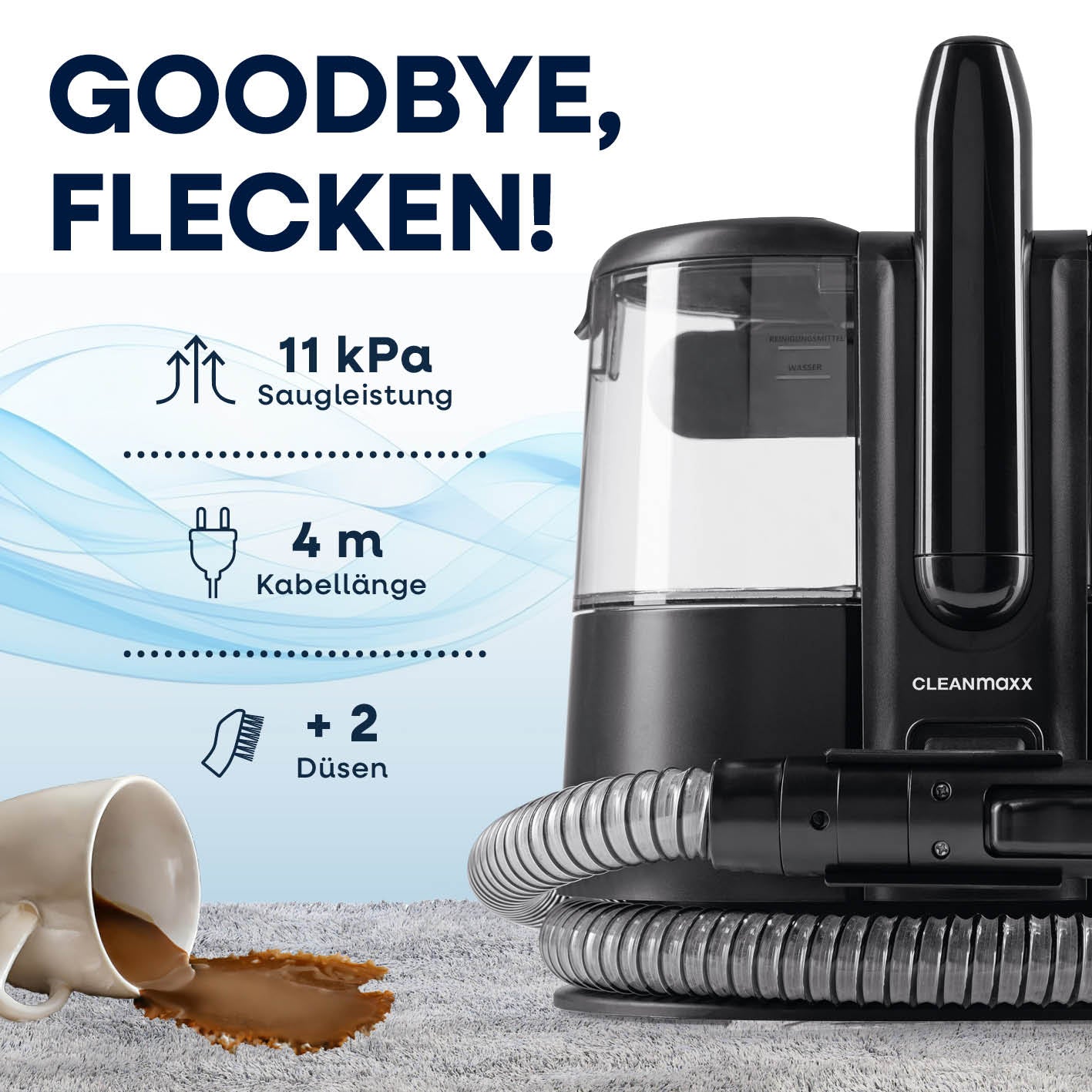 Polster- & Teppichreiniger Pro mit 11 kPa Saugleistung, 4 m Kabel, 2 Düsen entfernt Flecken wie verschütteten Kaffee kraftvoll.