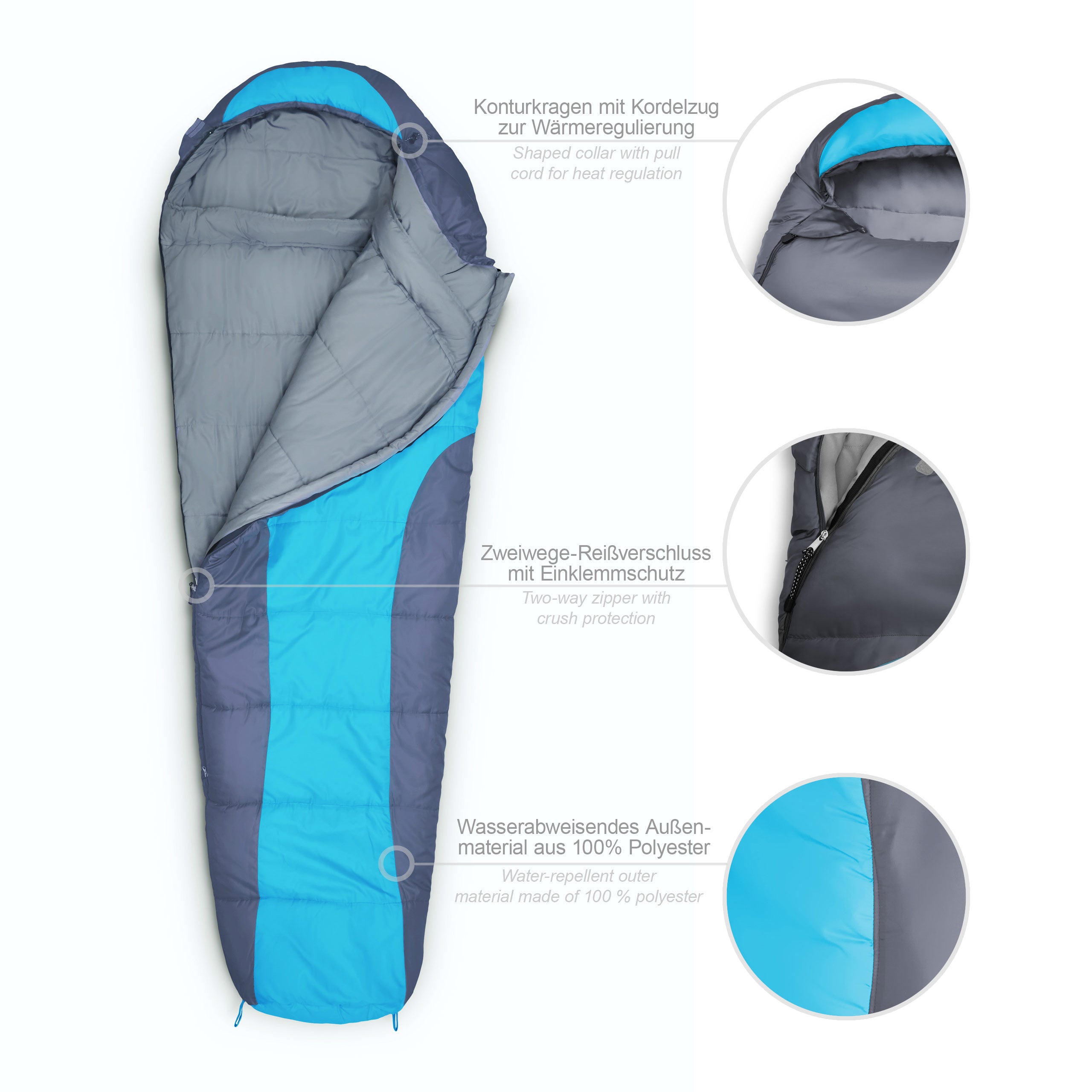 Camping Schlafsack Classic - Mumienschlafsack mit Tasche, wasserabweisend, 230x80x55 cm, mit Wärme-Kragen und Zweiwege-Reißverschluss, türkis.