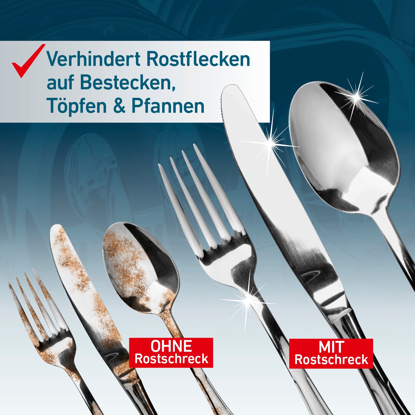 Rostschreck - 2er-Set verhindert Rostflecken auf Besteck, Töpfen und Pfannen für strahlend sauberes Geschirr ohne Chemie.