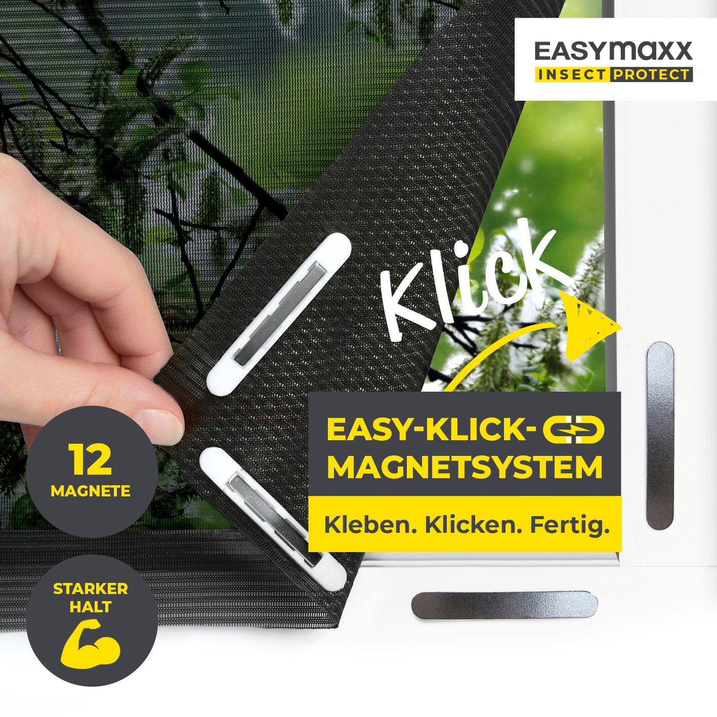 Insekten- & Pollenschutzgitter mit Magnetbefestigung - 2er-Set - 110 x 130 cm - Schwarz, magnetisches einfaches Klicksystem.