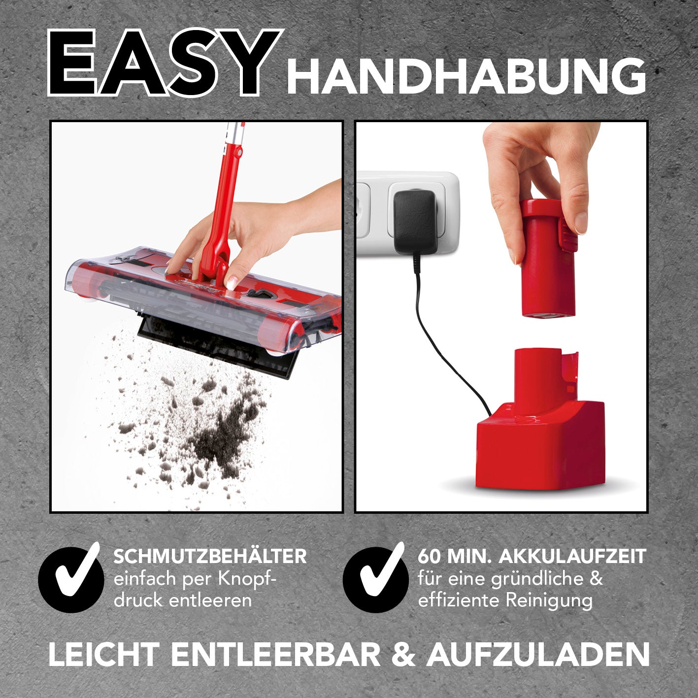 Swivel Sweeper G 2 Akkubesen kabellos - Rot mit leicht entleerbarem Schmutzbehälter und 60 Min Akkulaufzeit für flexible Reinigung.