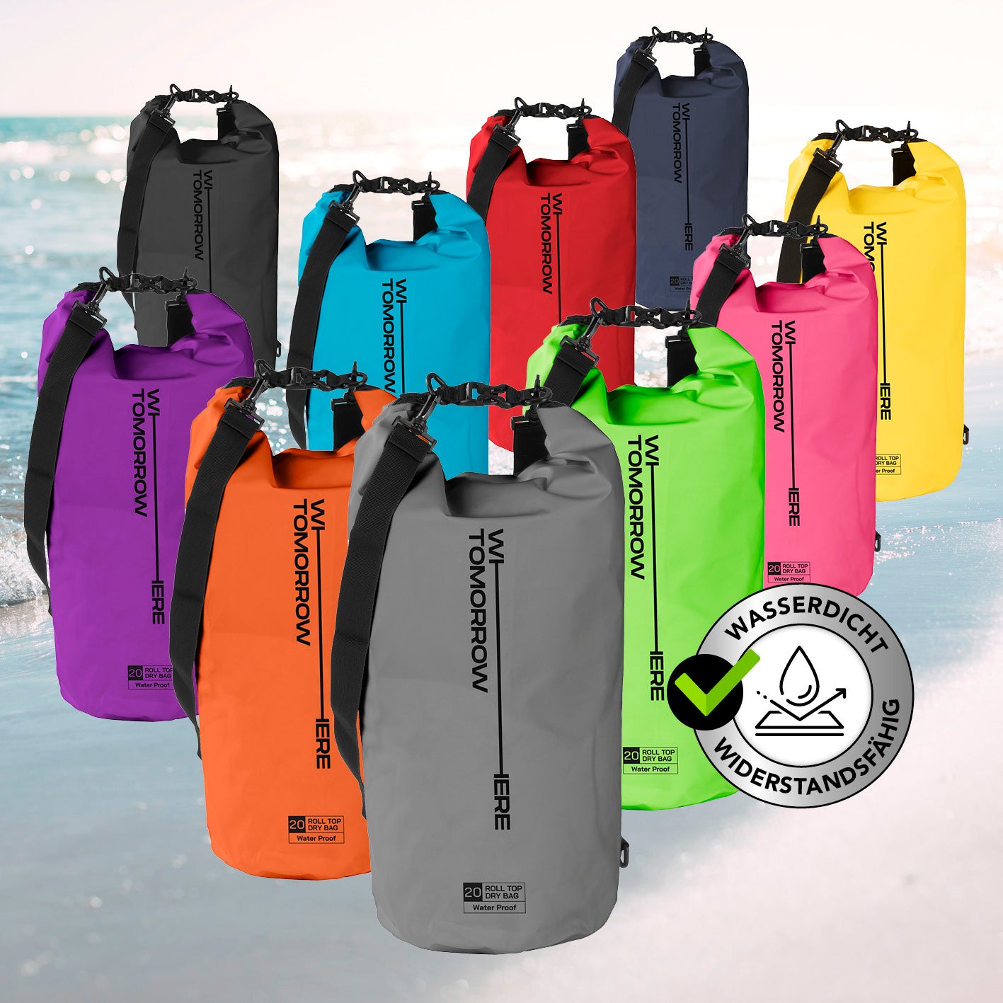 Dry Bag 20L - Style 02 - Grau, wasserdichter, robuster Outdoor-Rucksack mit Rolltop-Verschluss und verstellbarem Schultergurt.