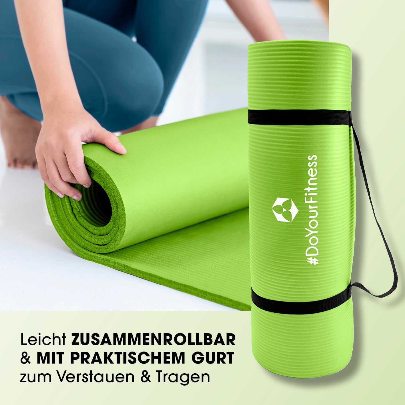 Fitness- und Gymnastikmatte - 190 x 100 x 1 cm - Grün, rutschfest, leicht, mit praktischer Trageschlaufe, ideal für Yoga und Gymnastik.