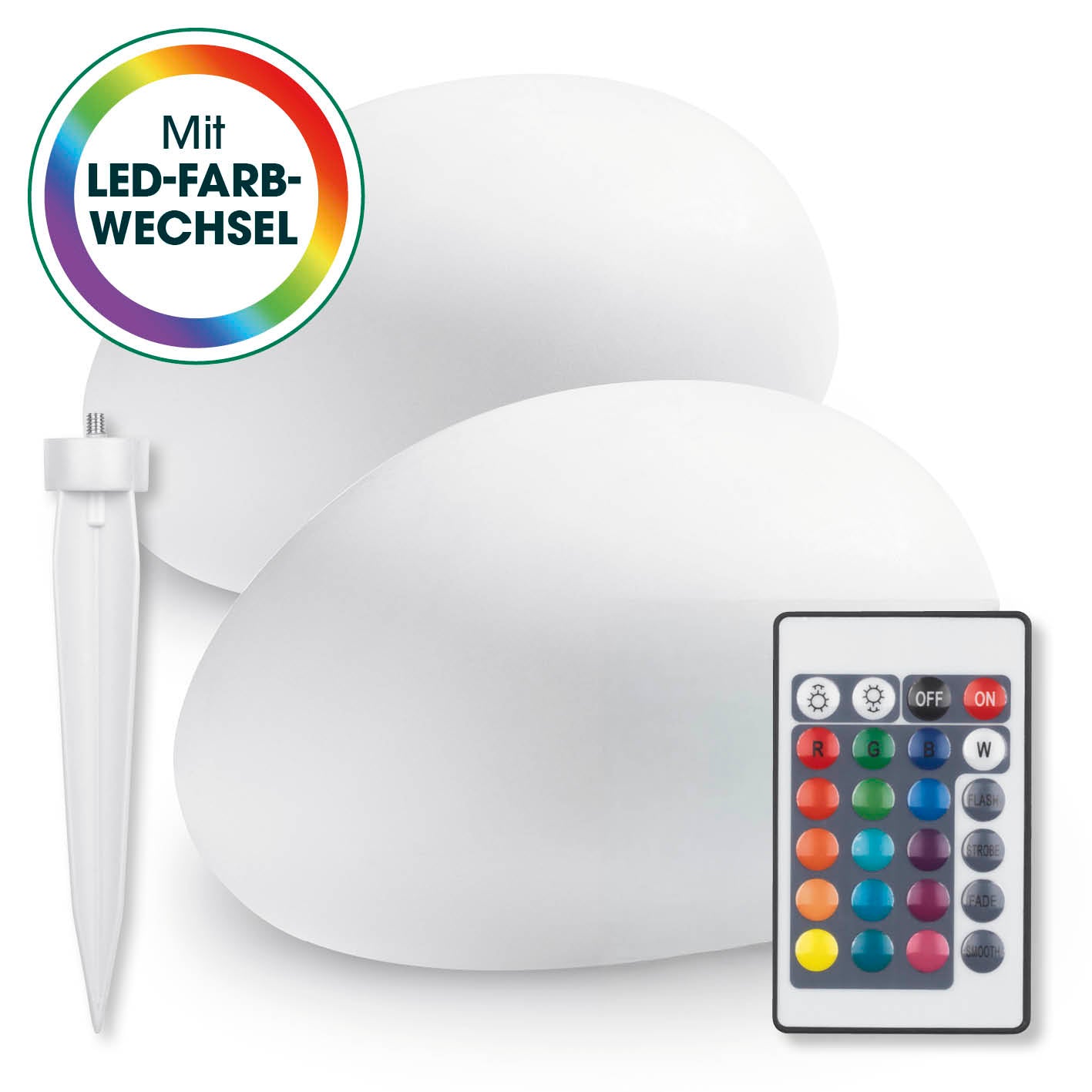 Solar-Leuchte Stein mit Farbwechsel - 2er-Set mit Fernbedienung, LED-Farbwechsel, Solarpanel und Erdspieß, wetterfest IP67.