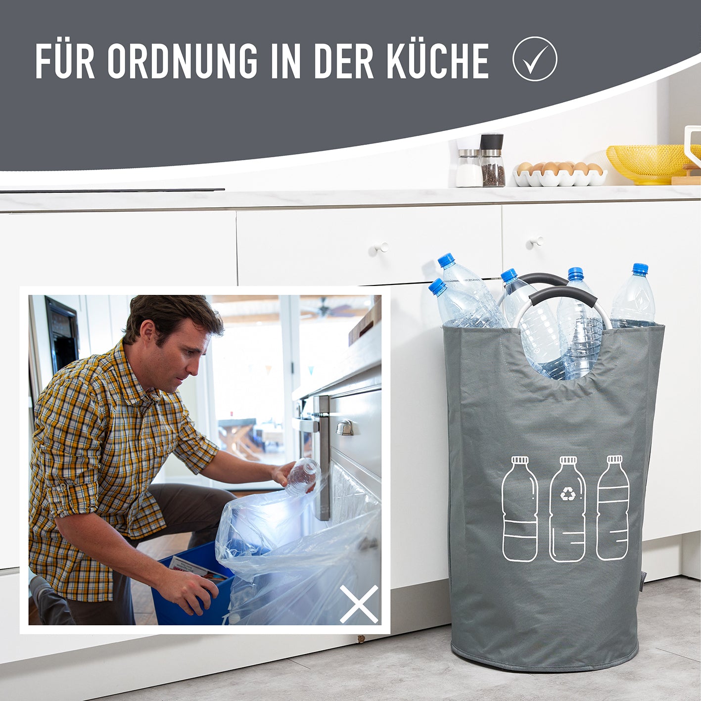 Faltbarer Pfandflaschen Sammelbehälter - Grau, wasserabweisend, 82 Liter Volumen, ideal für Flaschen und Dosen in der Küche.