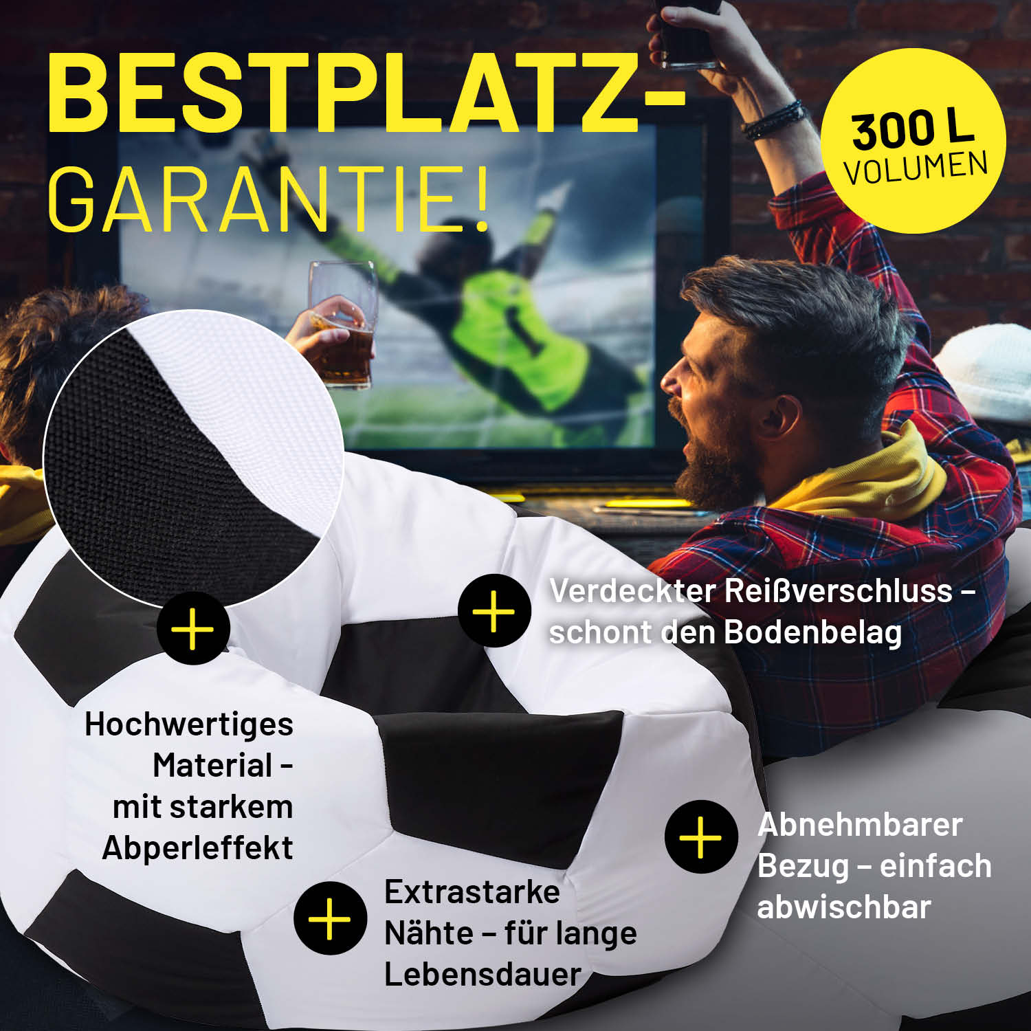 EM 2024 Fan-Lounge 1 + 1 - XXL-Fußball-Sitzsack mit Kühlbox, hochwertig, abnehmbarer Bezug, 300L Volumen, ideal für Indoor & Outdoor.