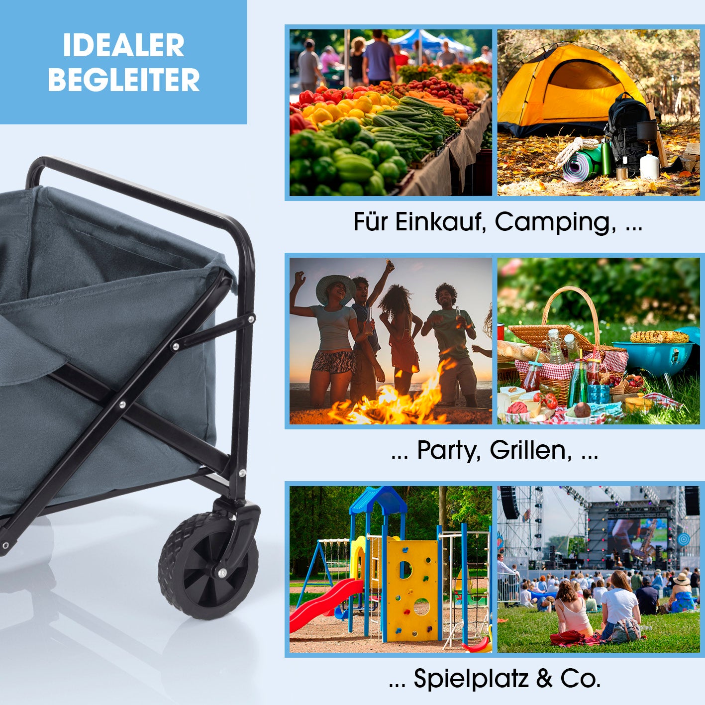 Klapp-Bollerwagen mit stabiler Stahlrahmen, 360°-Drehgelenken, ideal für Einkauf, Camping, Party, Grillen und Spielplatz.