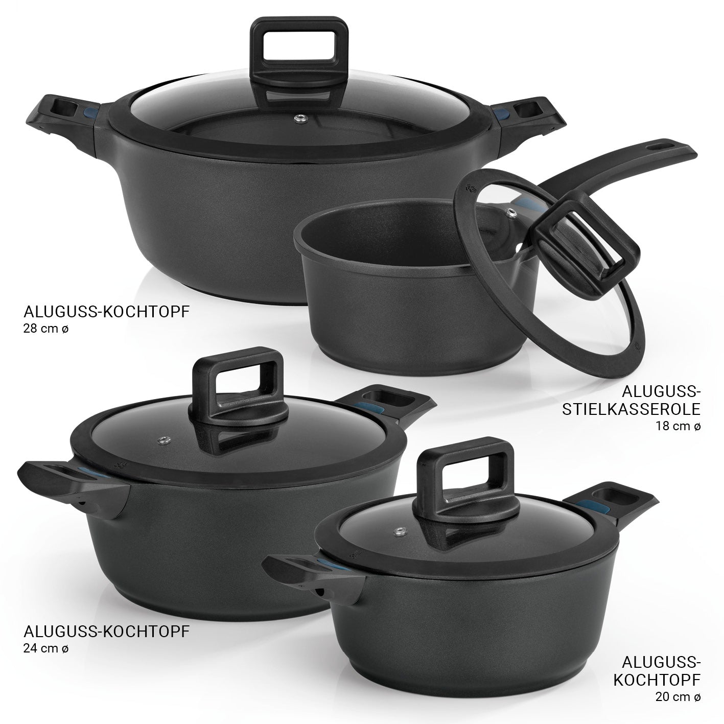 Aluguss-Topf-Set in der Midnight Edition | 8-teilig, robust, antihaftbeschichtet, für alle Herdarten, inklusive Deckel und Stielkasserolle.