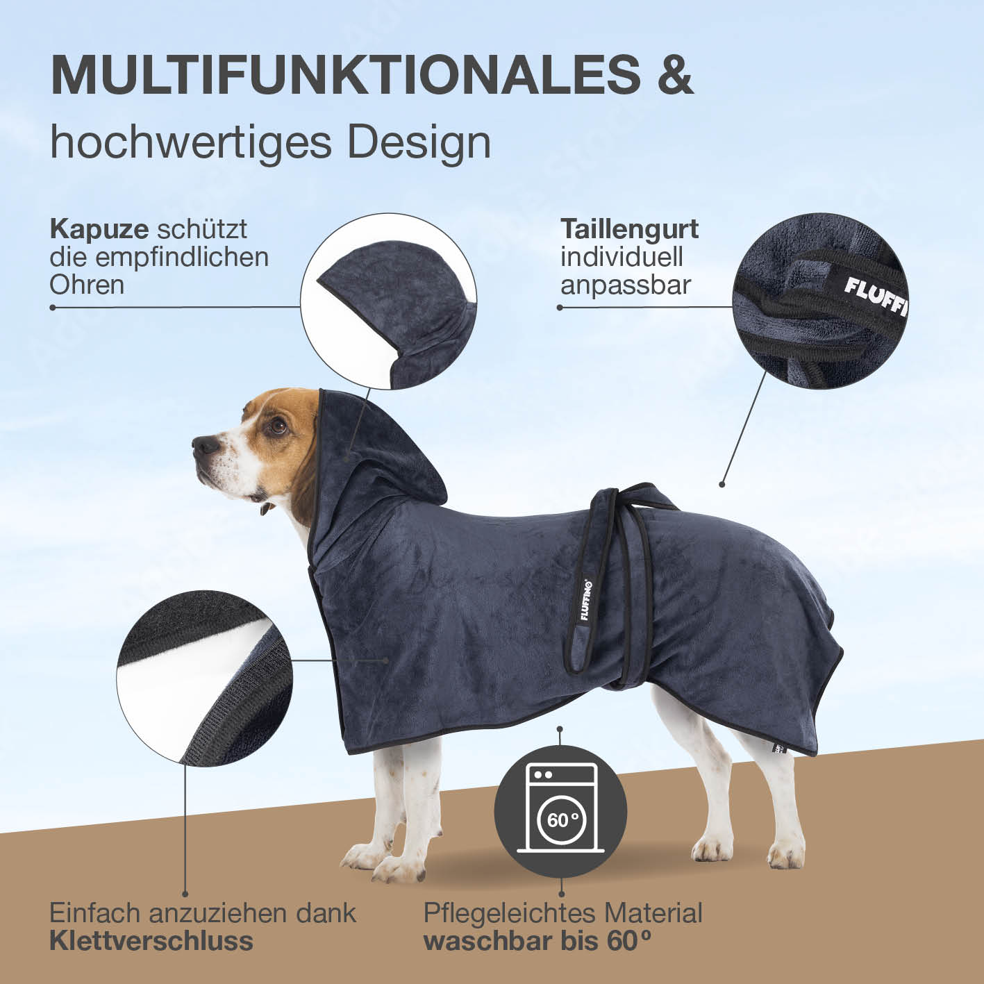 Hundebademantel - Größe L - beige/blau mit Kapuze, verstellbarem Taillengurt und waschbarem Material bis 60°C von FLUFFINO.