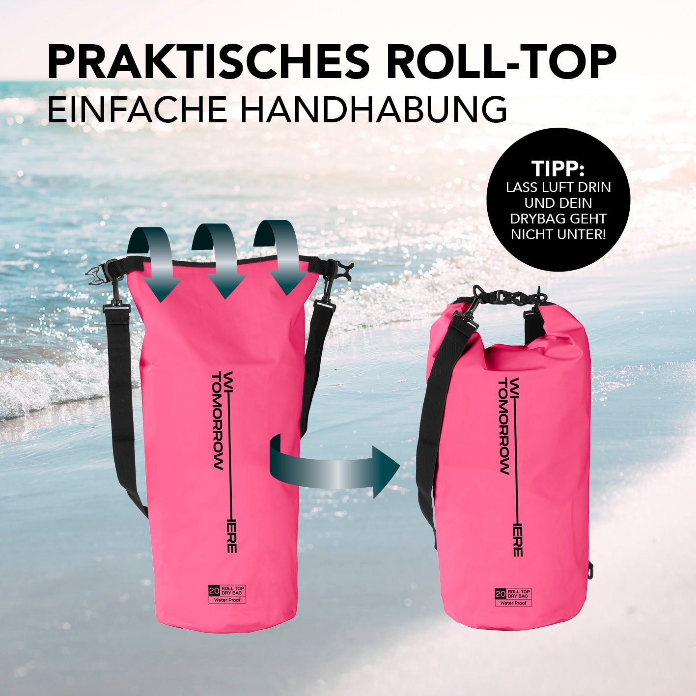 Dry Bag 20L - Style 02 - Pink mit wasserdichtem Rolltop-Verschluss, robust und ideal für Outdoor-Abenteuer.