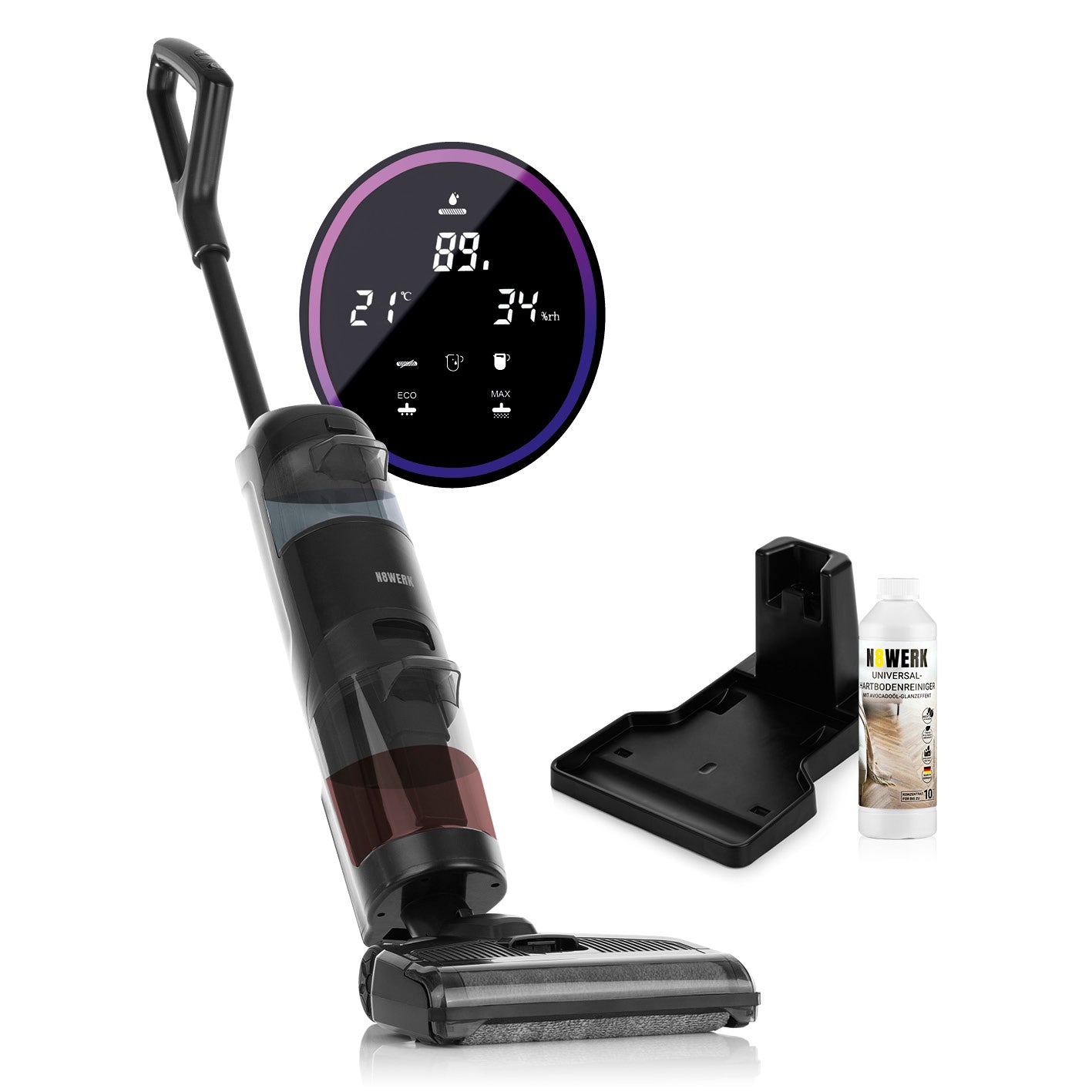 Saugwischer Smart Clean 3in1 mit kabellosem Design, LED-Display, HEPA-Filter und Universal-Bodenreiniger 500ml inklusive.