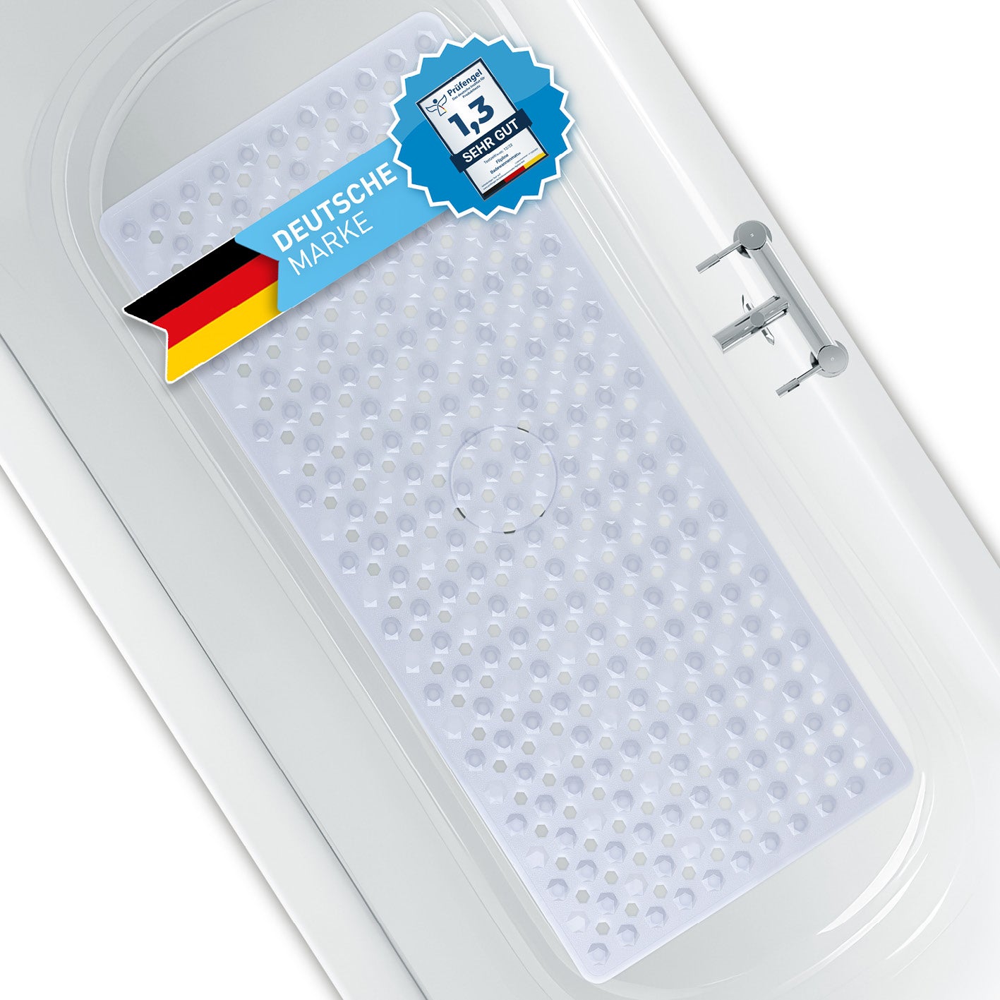Badewannenmatte 88 x 40 cm – Transparent mit rutschfester Struktur und Saugnäpfen für sicheren Halt und einfache Befestigung im Bad.