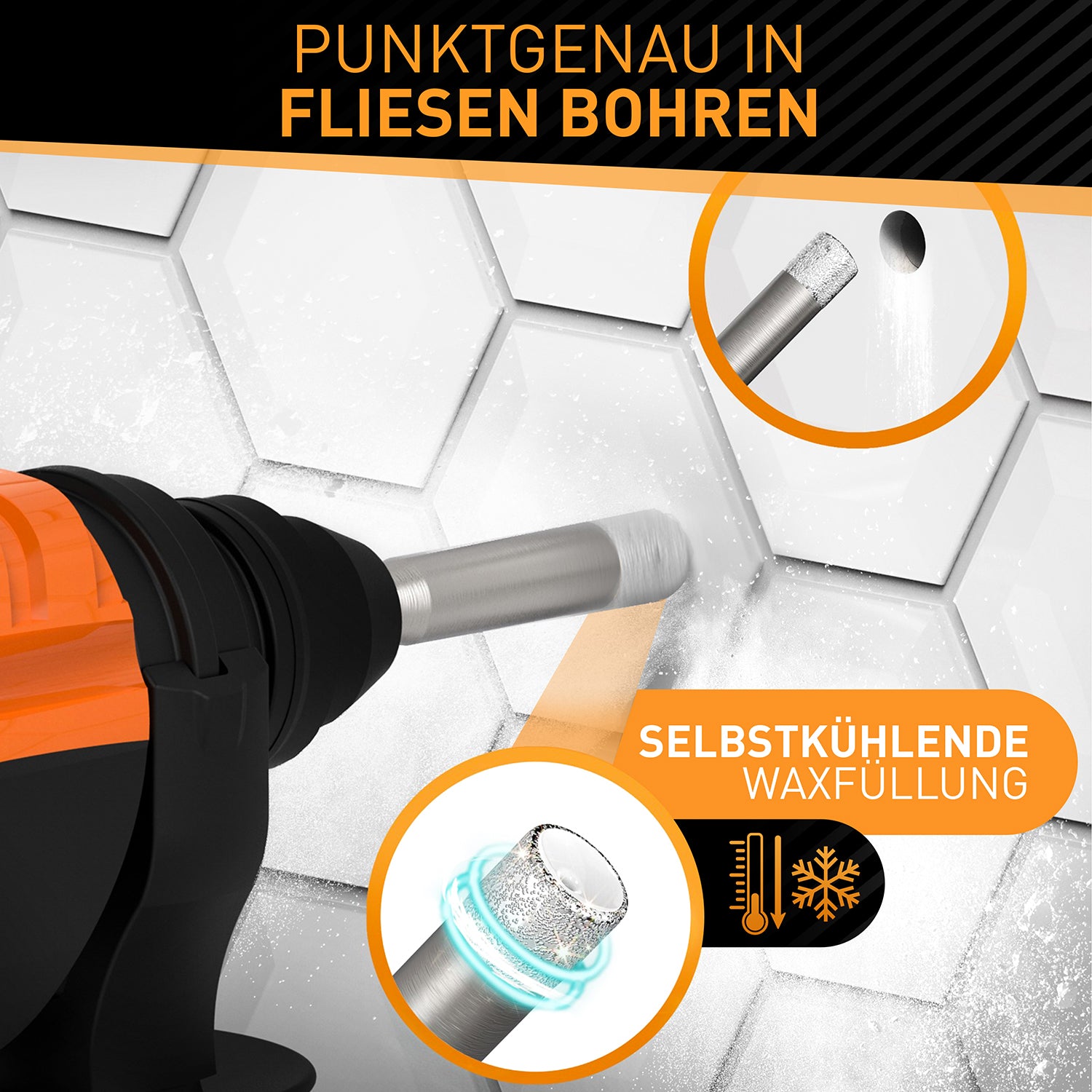Fliesenbohrer Set 6-tlg. - inkl. Reinigungspin mit selbstkühlender Waxfüllung für präzises Bohren in Fliesen und Keramik.