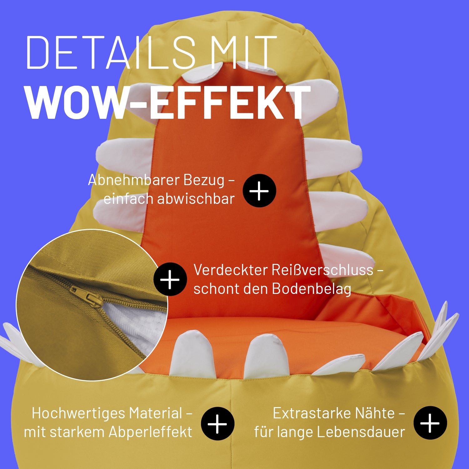 Kindersitzsack-Set "Dino" (2-tlg.) senfgelb mit abnehmbarem Bezug, verdecktem Reißverschluss und extrastarken Nähten für drinnen & draußen.