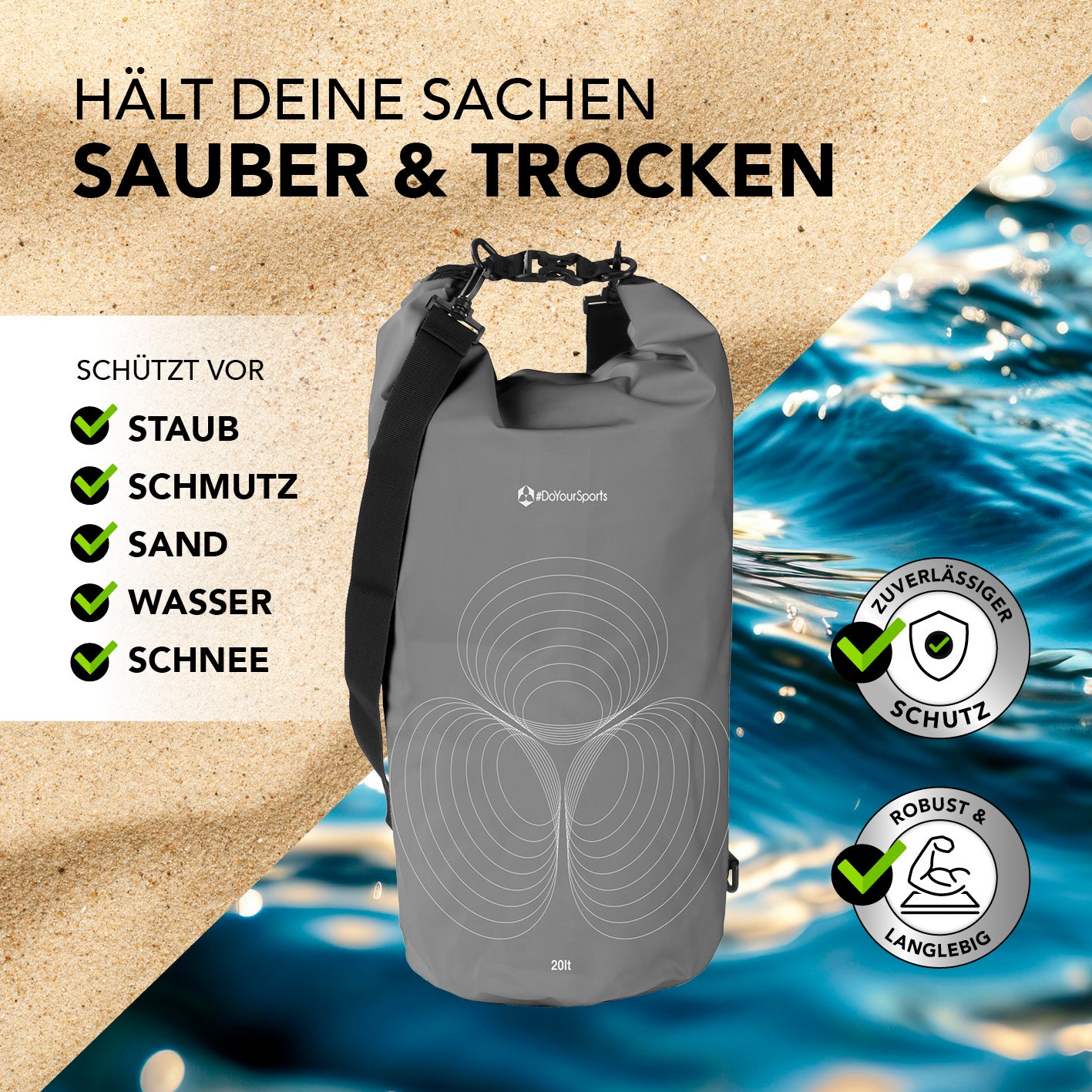Dry Bag 20L - Grau, wasserdichter und robuster Outdoor-Rucksack mit Rolltop-Verschluss zum Schutz vor Staub, Wasser, Sand und Schnee.