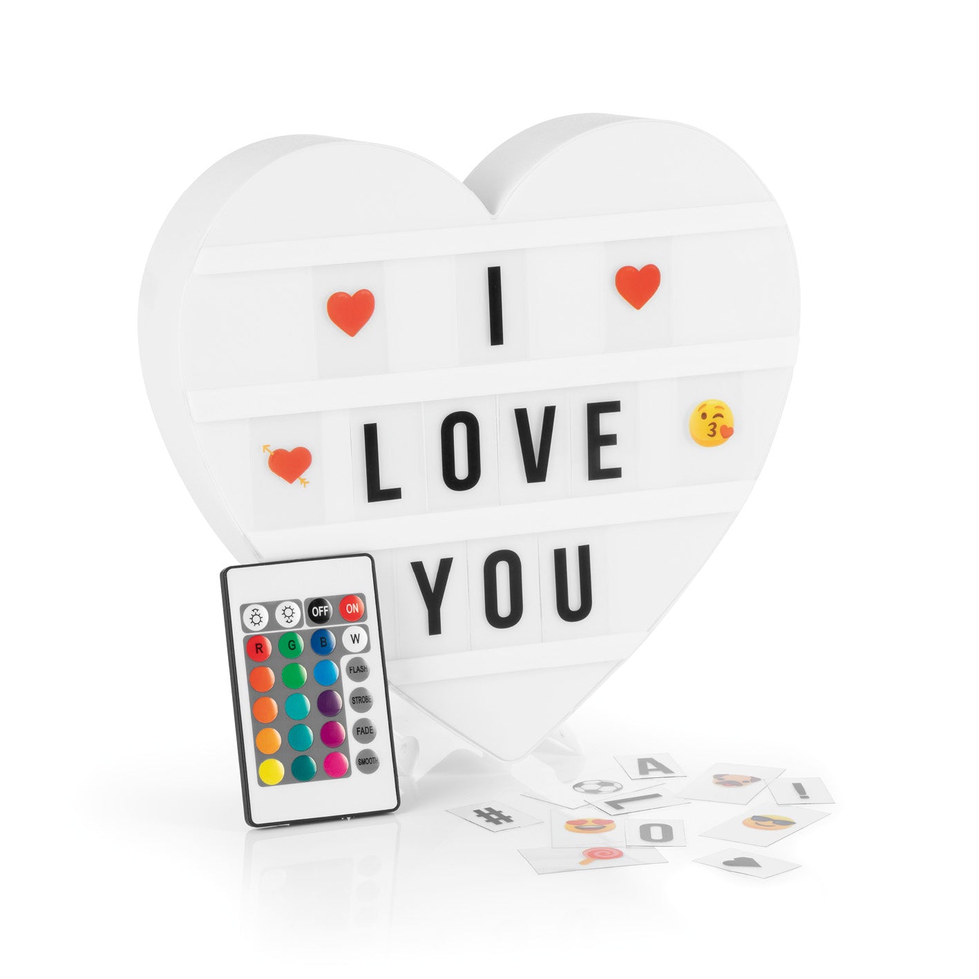 LED-Leuchtkasten Herz - 173 Buchstaben & 150 Moodjis, personalisierbar mit wechselbaren Buchstaben und bunter Fernbedienung.