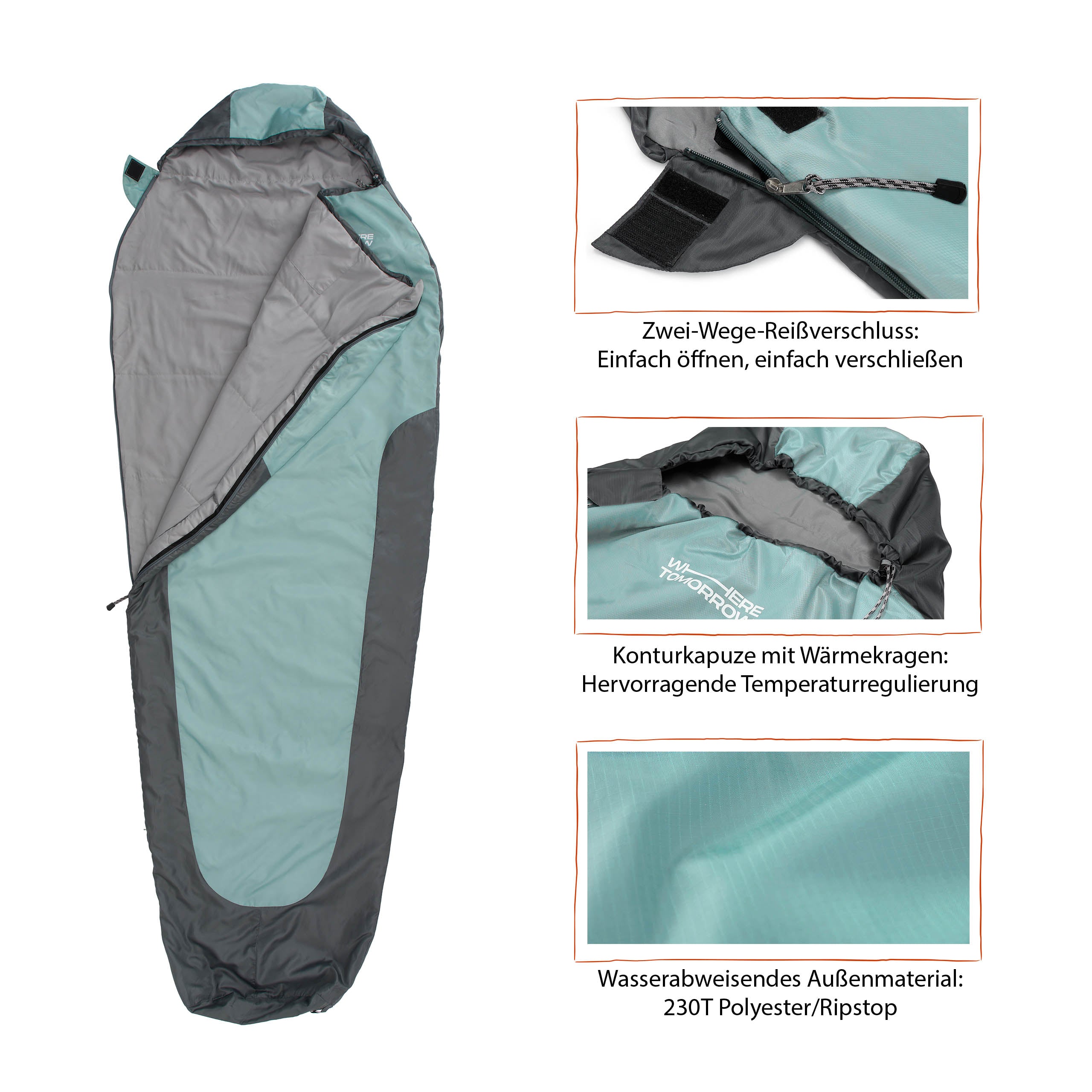 Schlafsack Small & Light Mumienschlafsack Hellblau-Grau mit wasserabweisendem Außenmaterial, Konturkapuze und Zwei-Wege-Reißverschluss.