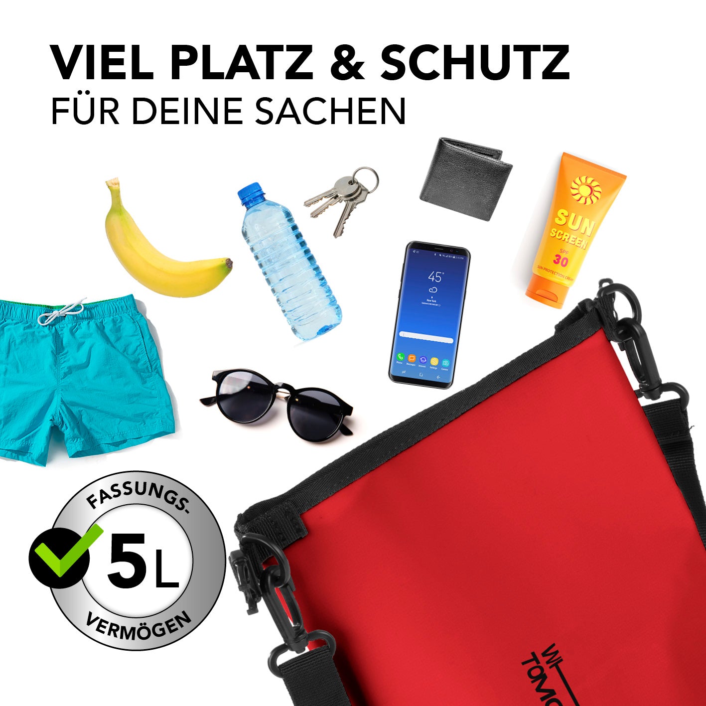 Dry Bag 5L - Style 02 - Rot wasserdichter, robuster Outdoor-Rucksack mit UV-Schutz und praktischen Features für sichere Aufbewahrung.