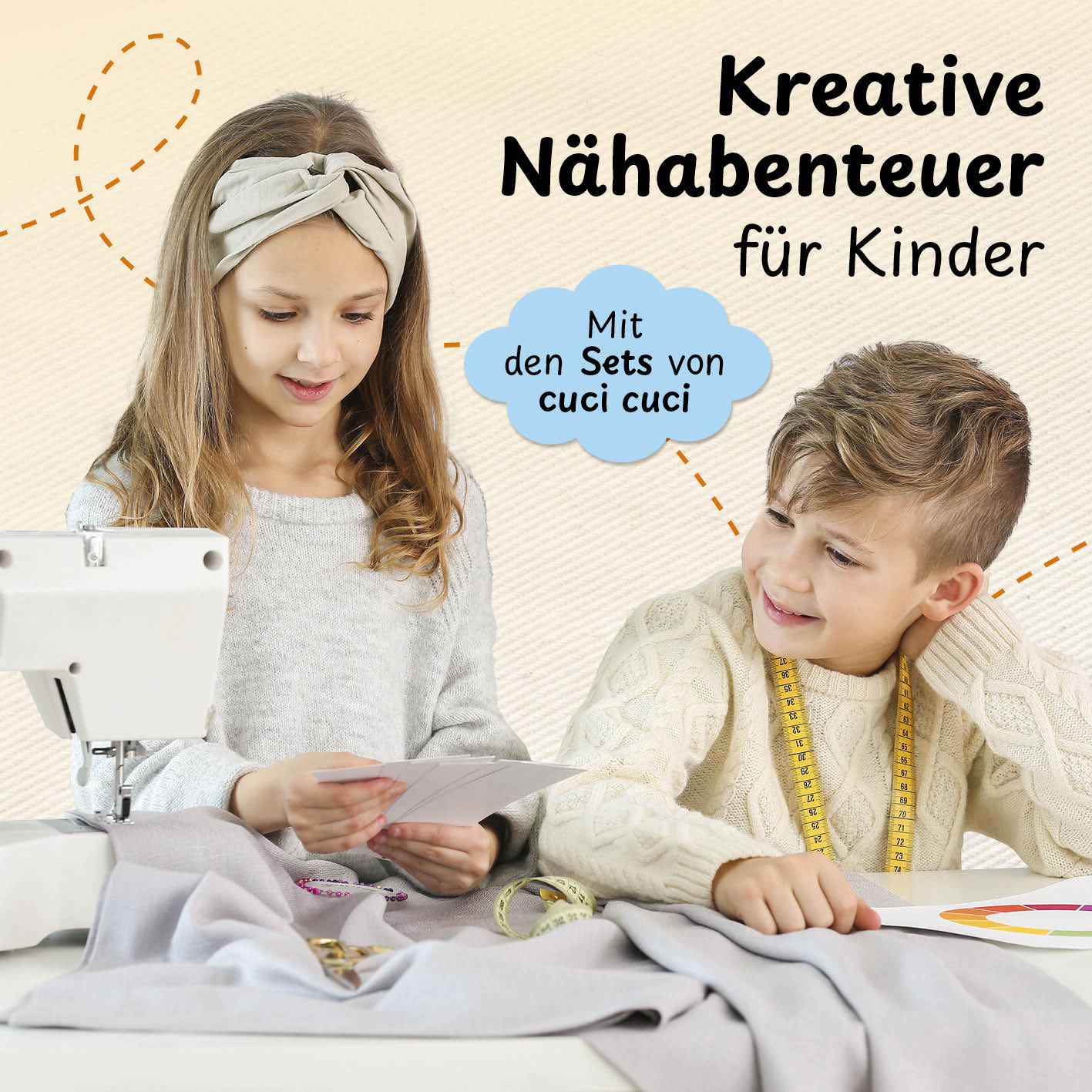Näh-Baukastenset Motiv Pferd Pepper zeigt Kinder beim kreativen Nähen mit Nähmaschine, cuci cuci für einfache Anfängerprojekte.