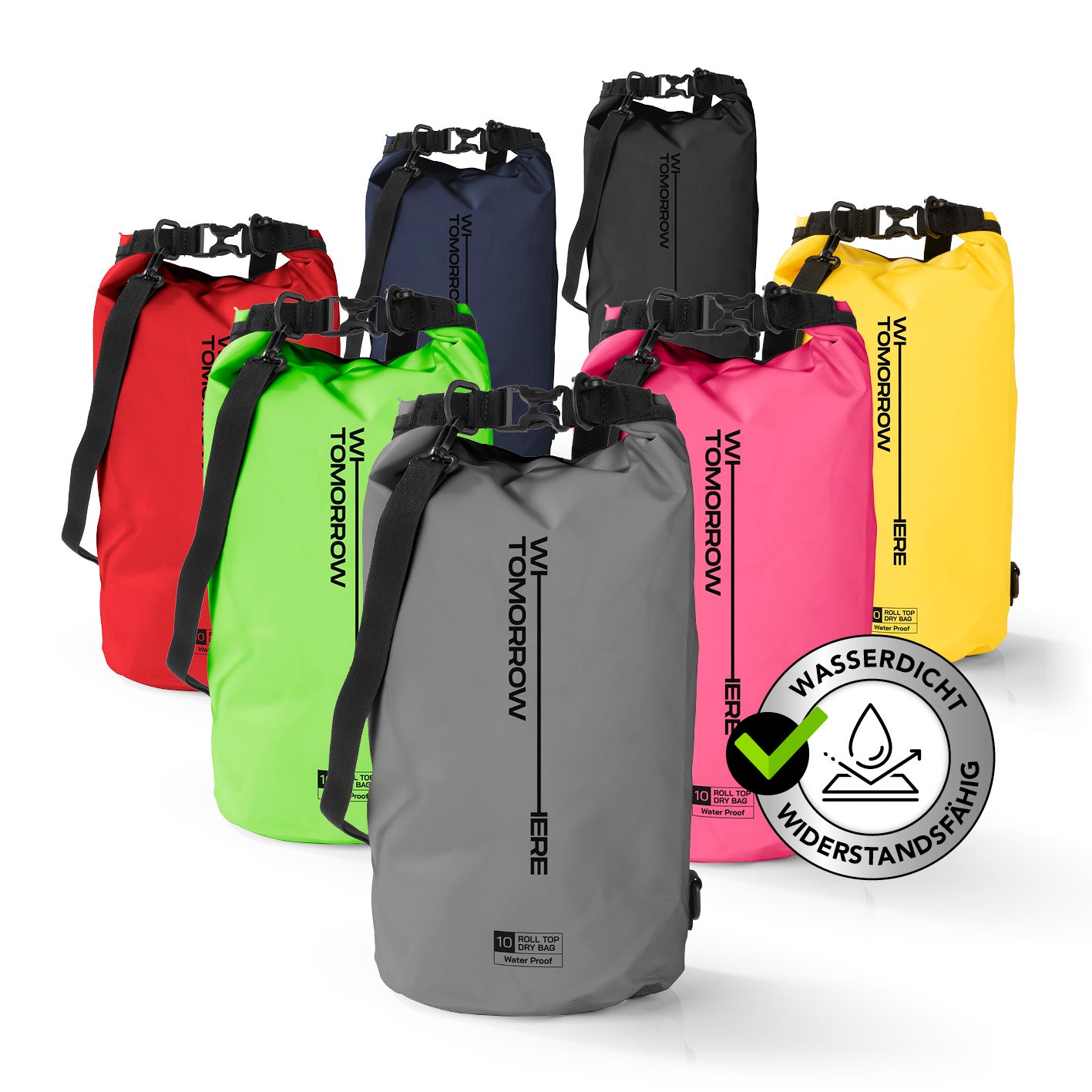 Dry Bag 10L - Style 02 - Grau wasserdichter, robuster Outdoor-Rucksack mit verstellbarem Schultergurt und Rolltop-Verschluss.