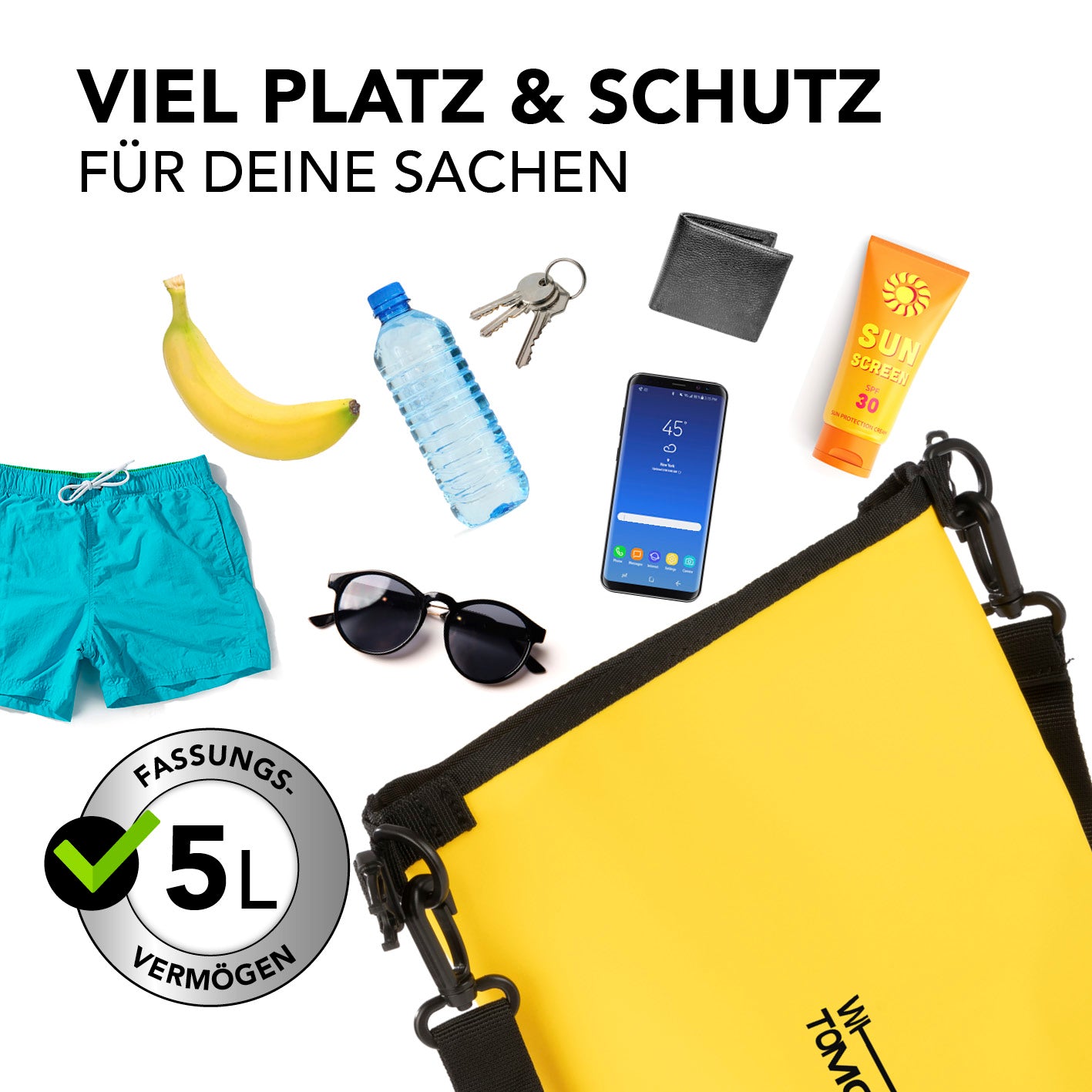 Dry Bag 5L - Style 02 - Gelb wasserdichter, robuster Outdoor-Rucksack mit 5L Fassungsvermögen und praktischem Rolltop-Verschluss.