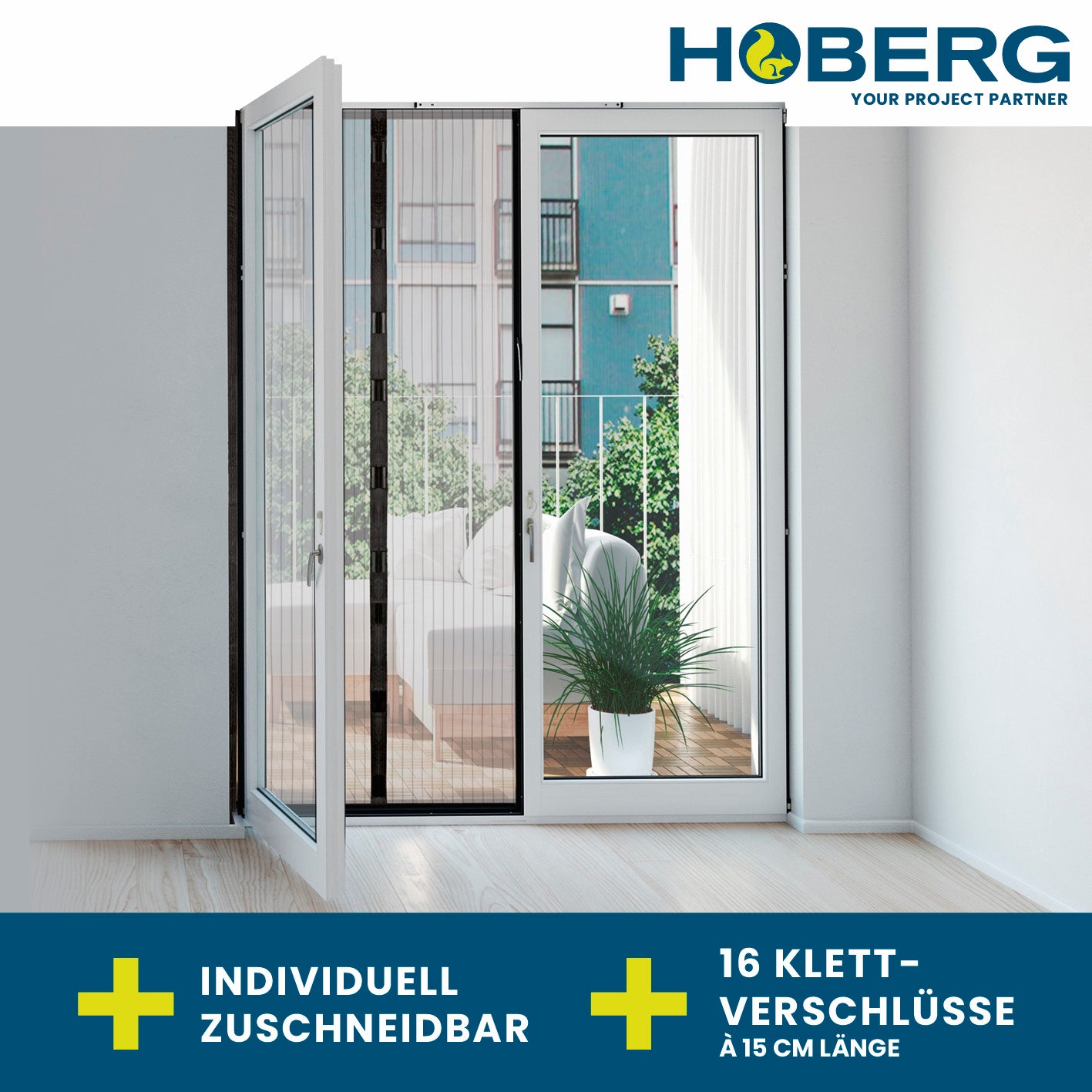 Tür-Insektenschutz 100 x 210 cm mit Magnetverschluss und 16 selbstklebenden Klettverschlüssen für Terrassen- und Balkontüren.