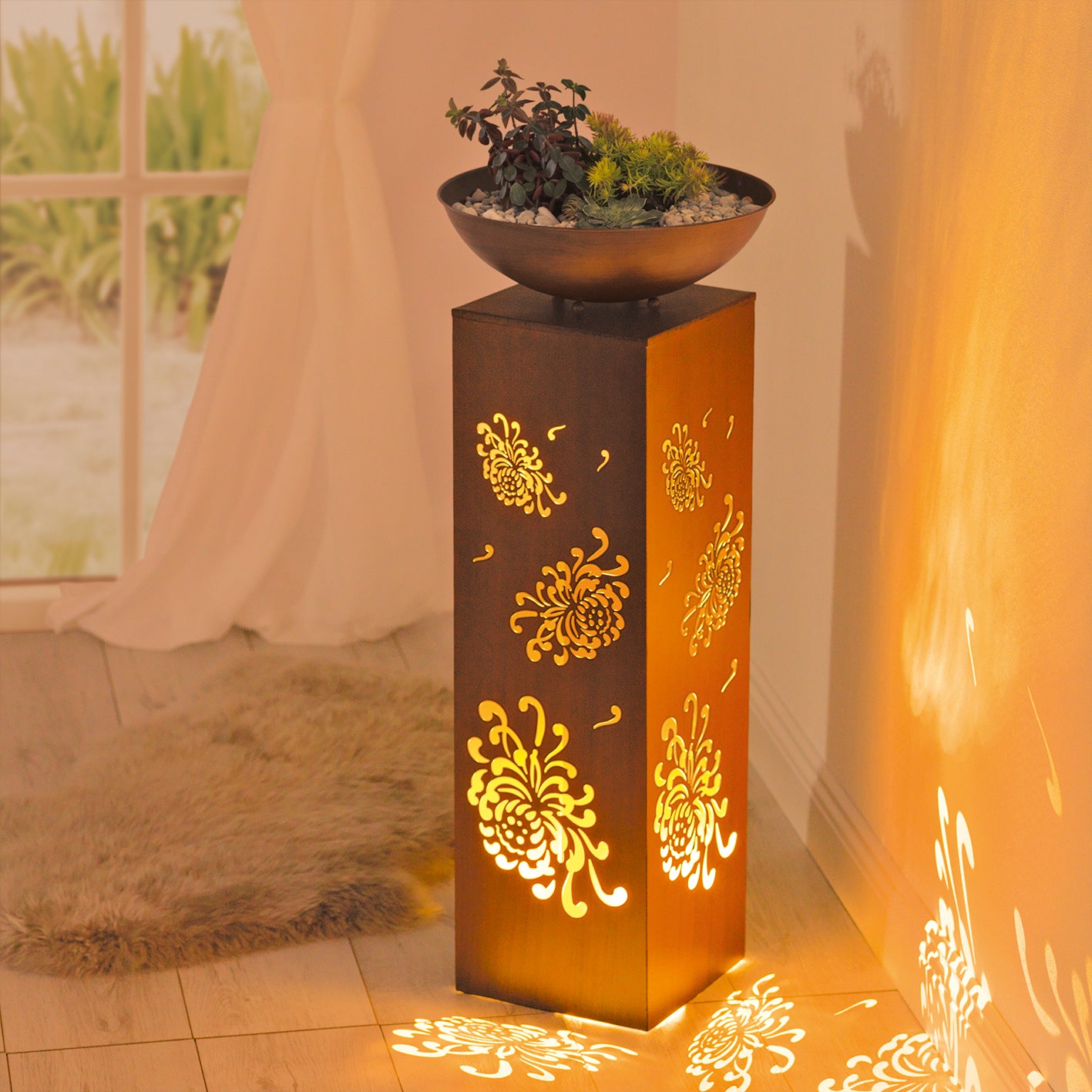 LED-Dekosäule mit Planzschale Rost-Optik "Bauernrose" - 87 cm mit LED-Beleuchtung und floralem Design für Innen und Außen.