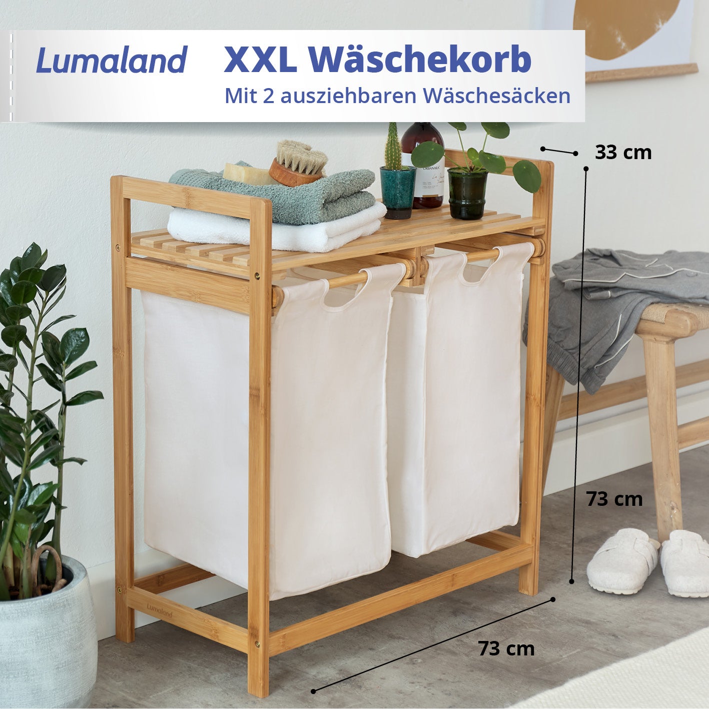 Bambus Wäschekorb mit 2 ausziehbaren Wäschesäcken 73x64x33 cm, weiß, stilvoll, platzsparend und pflegeleicht für Haushalt und Waschküche.