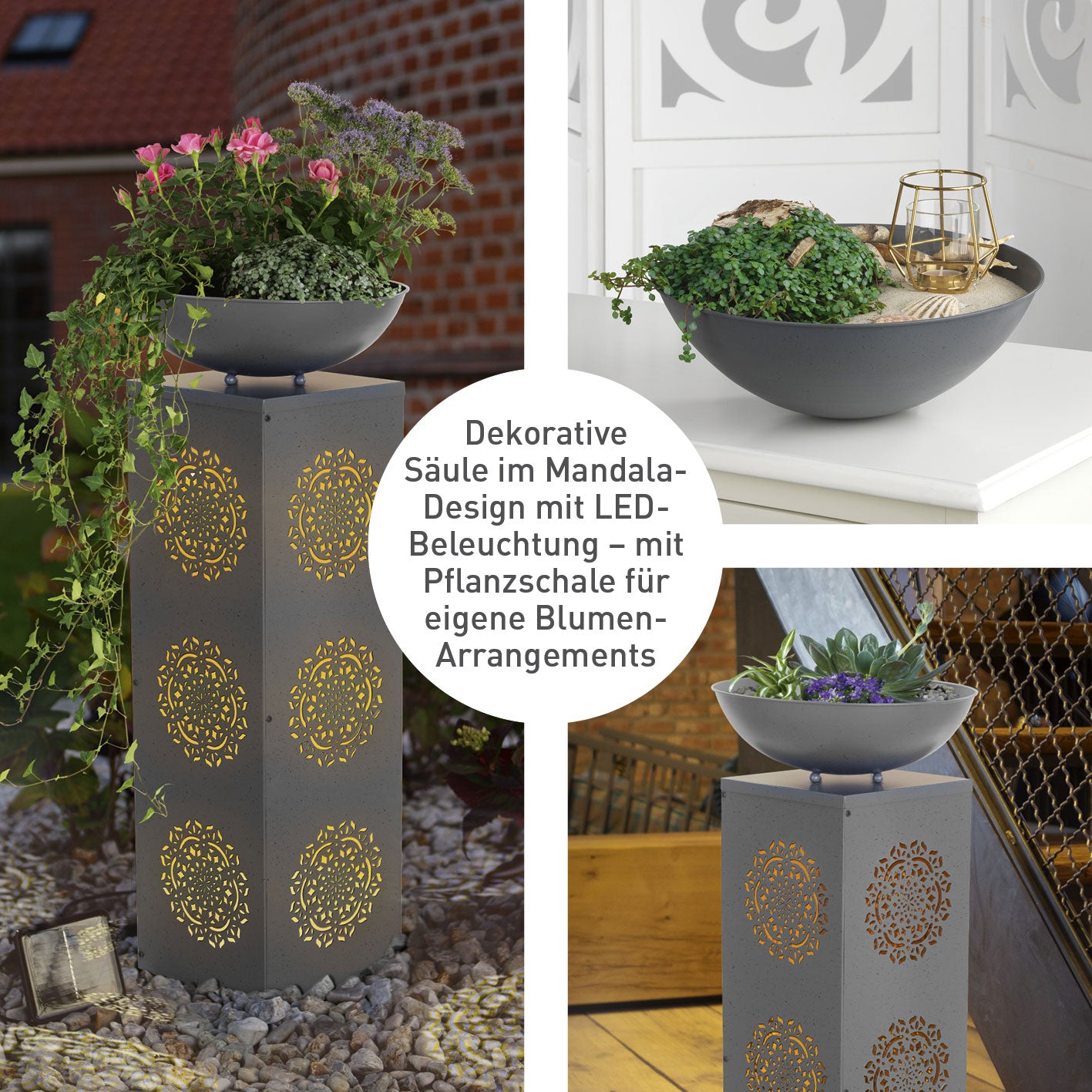 LED-Dekosäule Beton-Optik "Mandala" - 87 cm mit LED-Beleuchtung und Pflanzschale für Garten, Terrasse und Balkon.