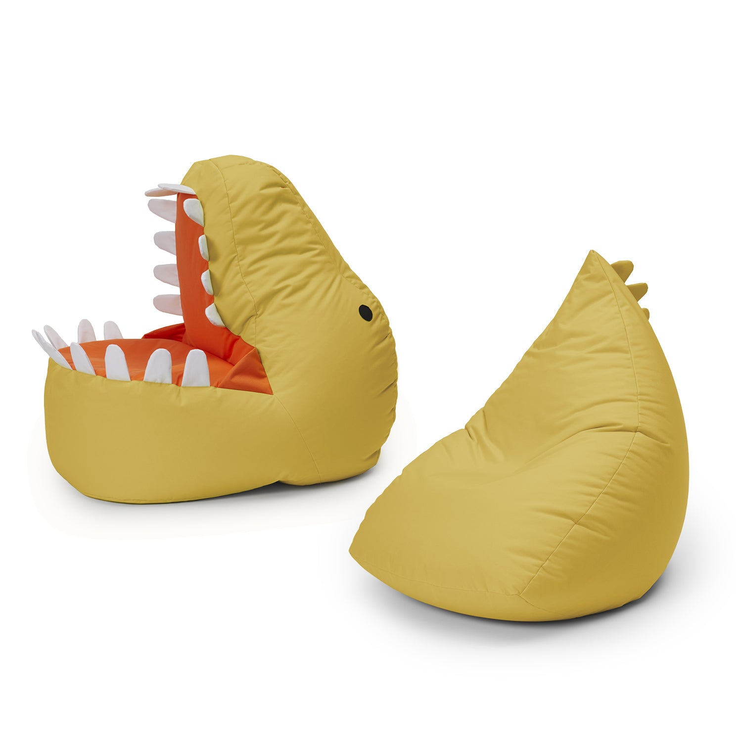 Kindersitzsack-Set "Dino" (2-tlg.) in Senfgelb, wasserabweisend, indoor & outdoor, mit Kopf- und Hinterteil-Design.