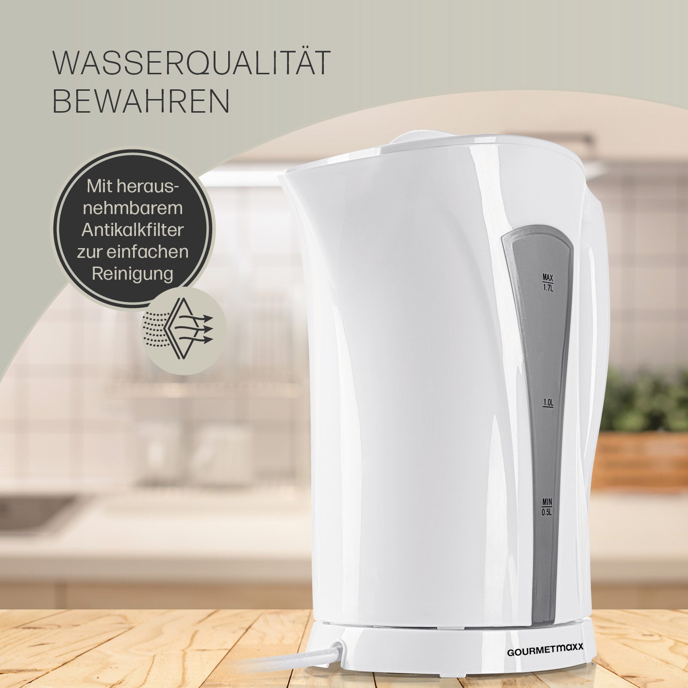 Wasserkocher mit Kalkfilter - 1,7l - weiß/grau kabellos mit Wasserstandsanzeige und herausnehmbarem Antikalkfilter für einfache Reinigung.