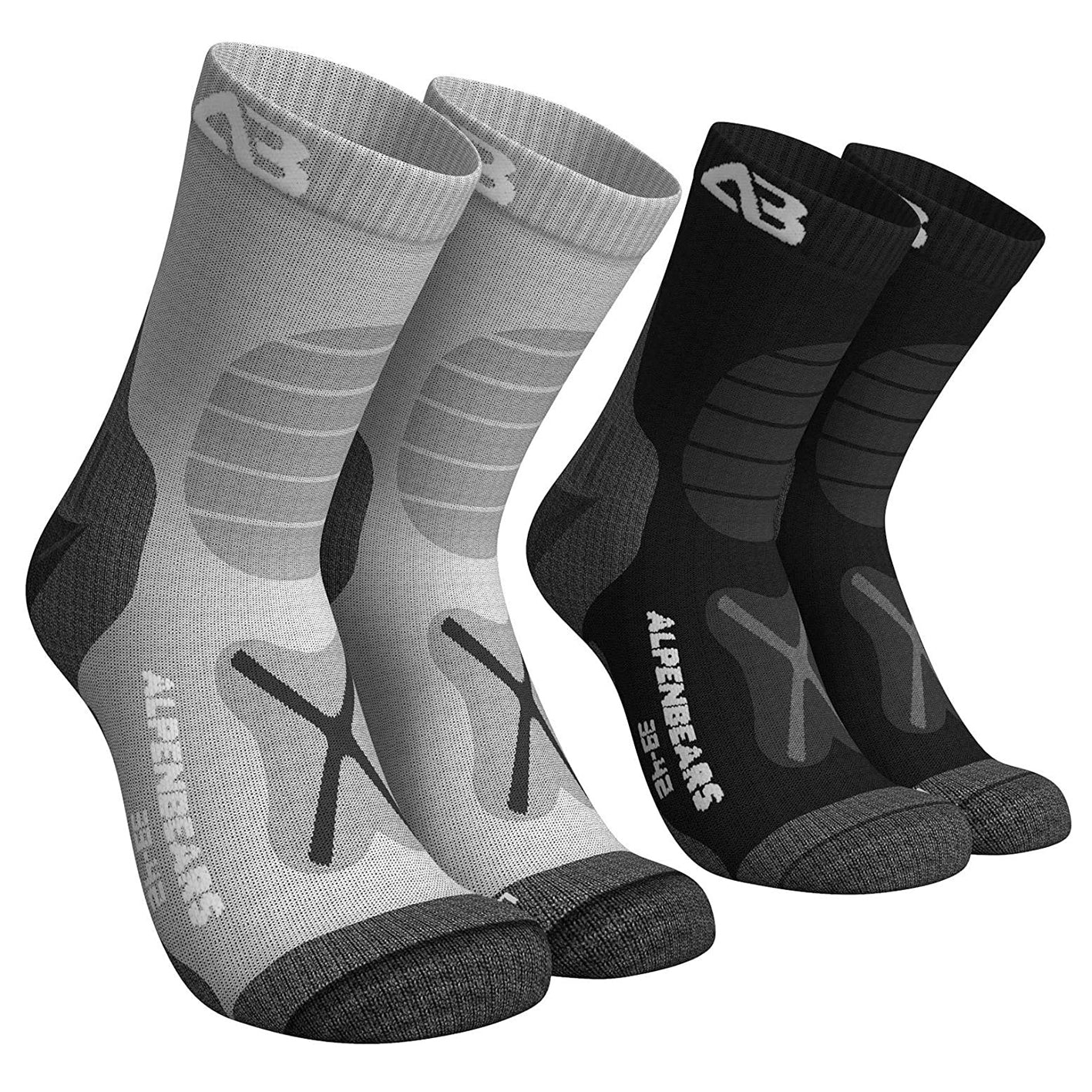 Wandersocken Merinowolle - 2er-Set - Grau-Schwarz - Größe 39-42 mit Polsterung und feuchtigkeitsregulierender Merinowolle für Trekking und Alltag.