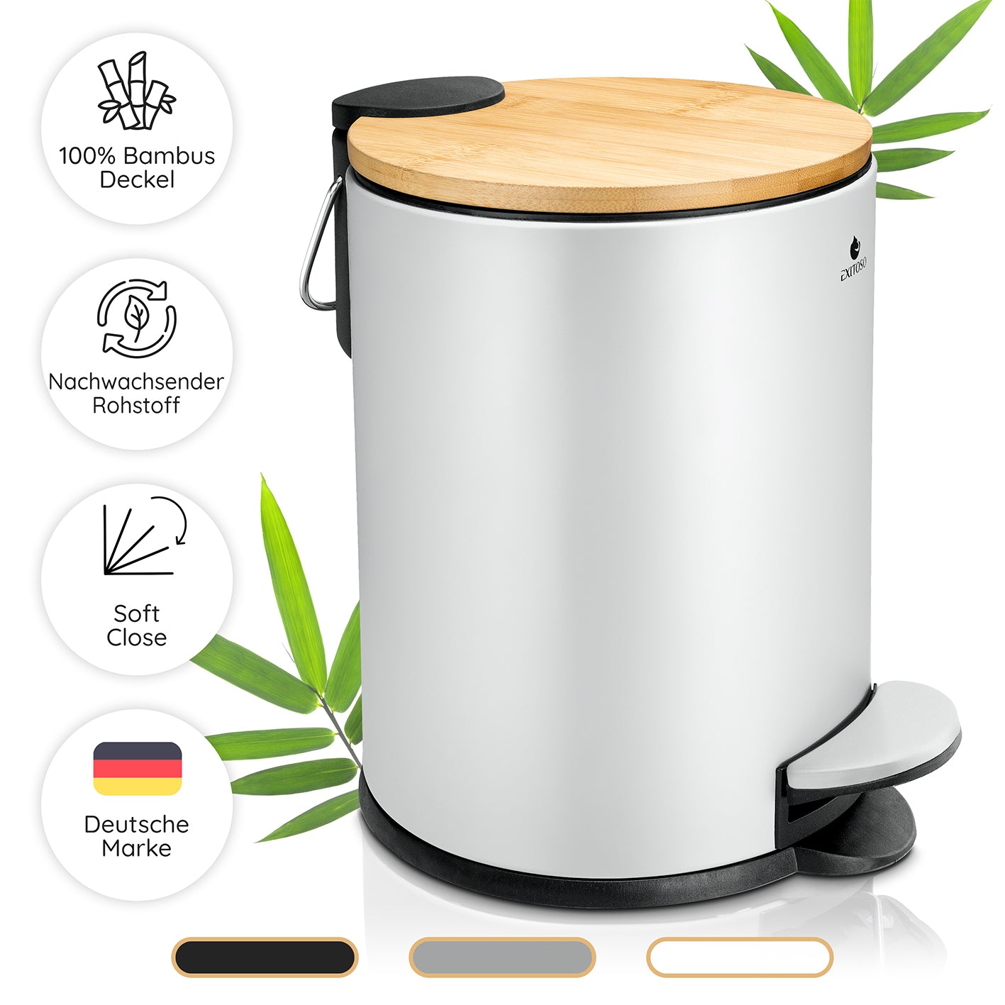Tretmülleimer mit Softclose-Deckel - 3 l - Weiß, mit Bambusdeckel, Softclose-Funktion und rutschfestem Stand, kompakt und geruchsarm.