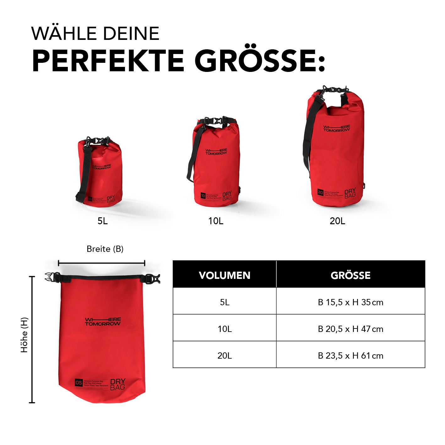 Dry Bag 10L - Style 01 - Rot wasserdichter Outdoor-Rucksack mit verstellbarem Schultergurt und robustem Rolltop-Verschluss.