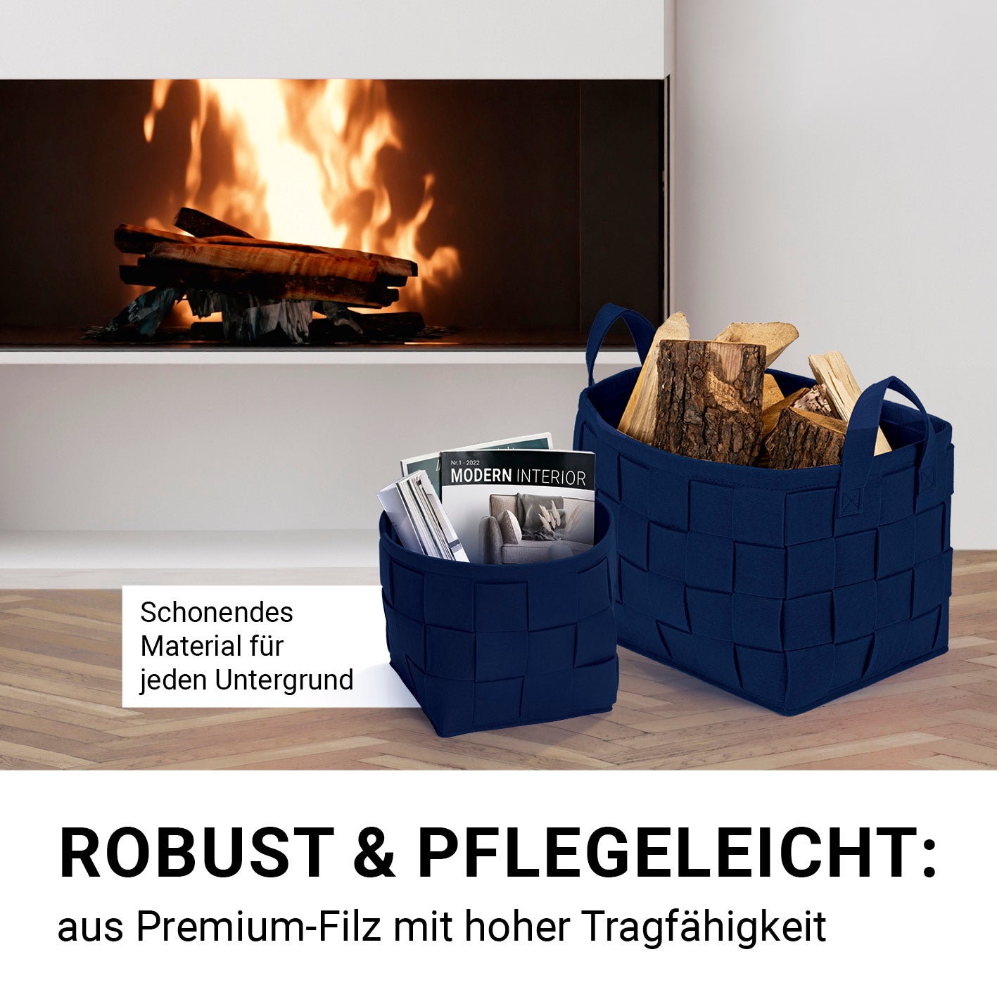 Filz-Aufbewahrungstasche M - 35 x 25 x 25 cm - Dunkelblau, faltbarer Korb aus robustem Filz mit Tragegriffen, ideal für vielseitige Aufbewahrung.