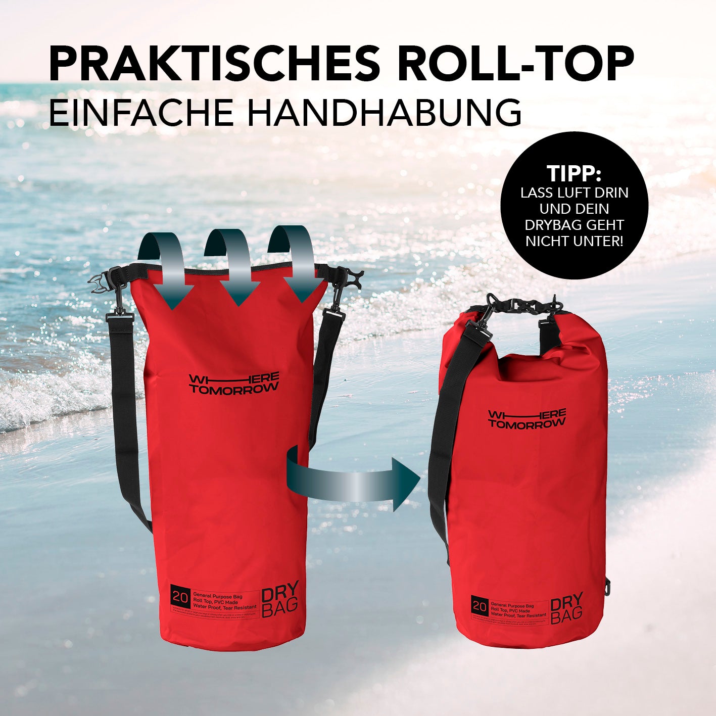 Dry Bag 20L - Style 01 - Rot mit wasserdichtem Rolltop-Verschluss und verstellbarem Schultergurt für Outdoor-Abenteuer.