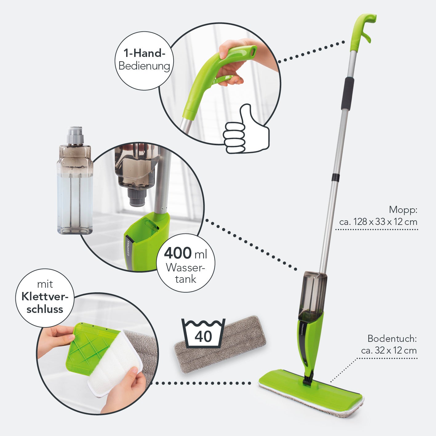 Spray-Mopp - limegreen/schwarz mit 400 ml Wassertank, 1-Hand-Bedienung und abnehmbarem, waschbarem Bodentuch mit Klettverschluss.