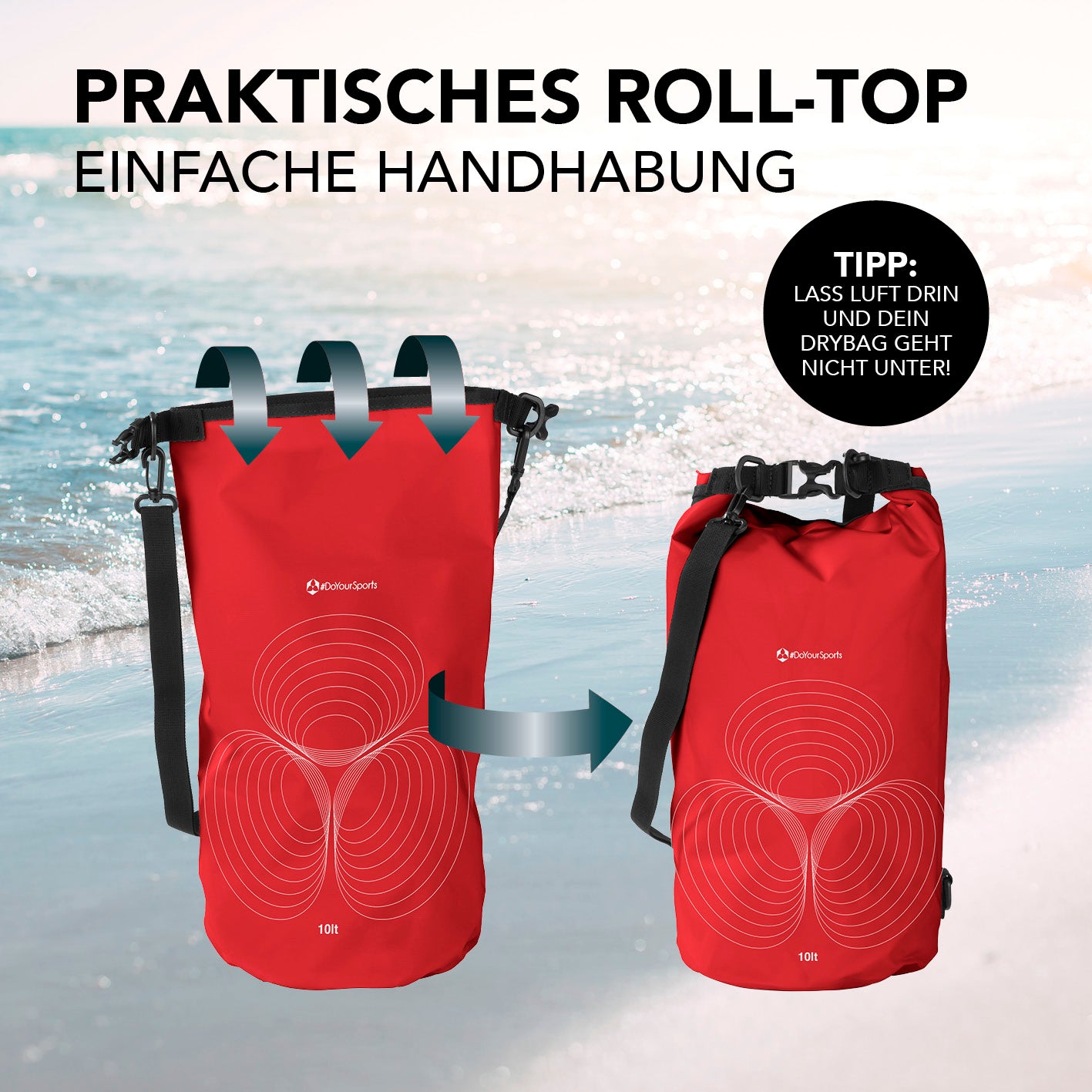 Dry Bag 10L - Rot mit praktischem wasserdichtem Rolltop-Verschluss, robust und ideal für Outdoor-Abenteuer wie Standup-Paddling.